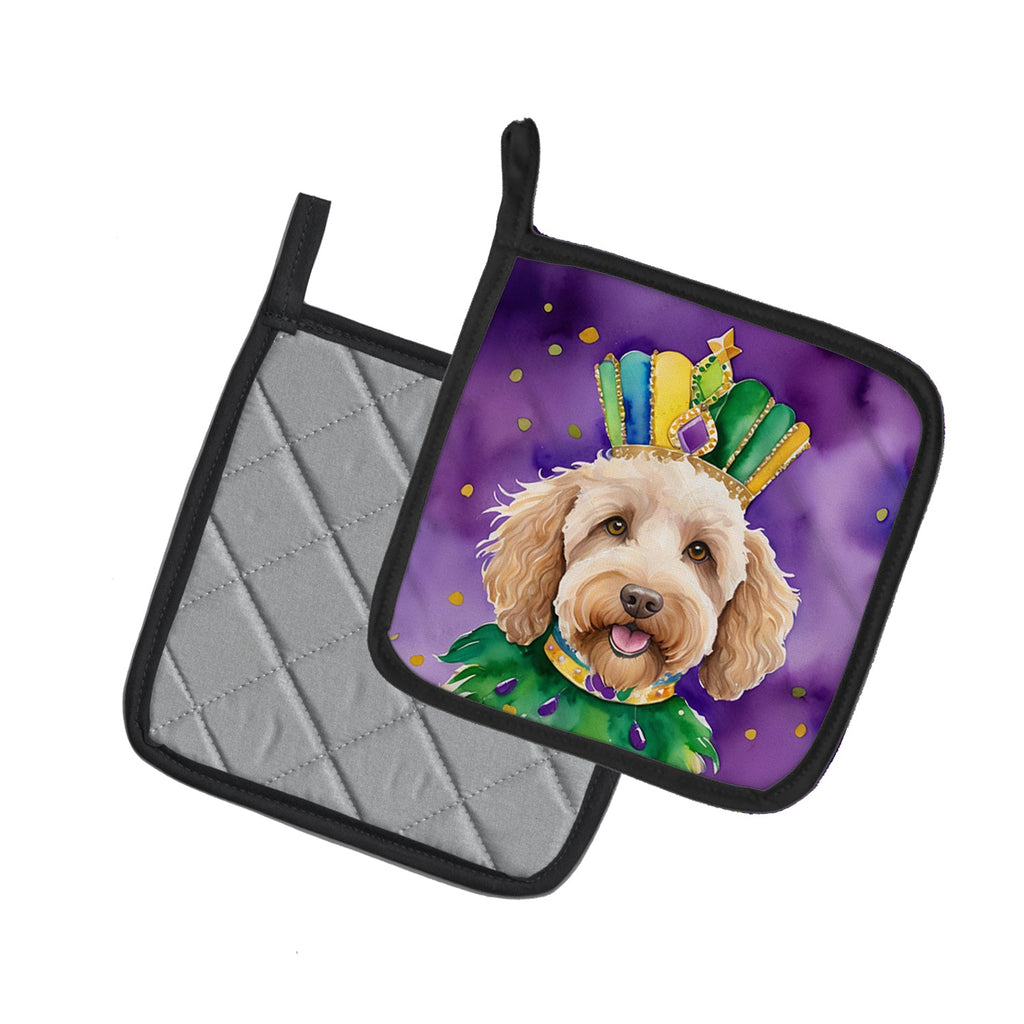 Labradoodle King of Mardi Gras Pot Holder Set of 2 Heat Resistant Quilted Hot Pads 7.5 x 7.5 Inch, Insulated Kitchen Trivets for Cooking & Baking