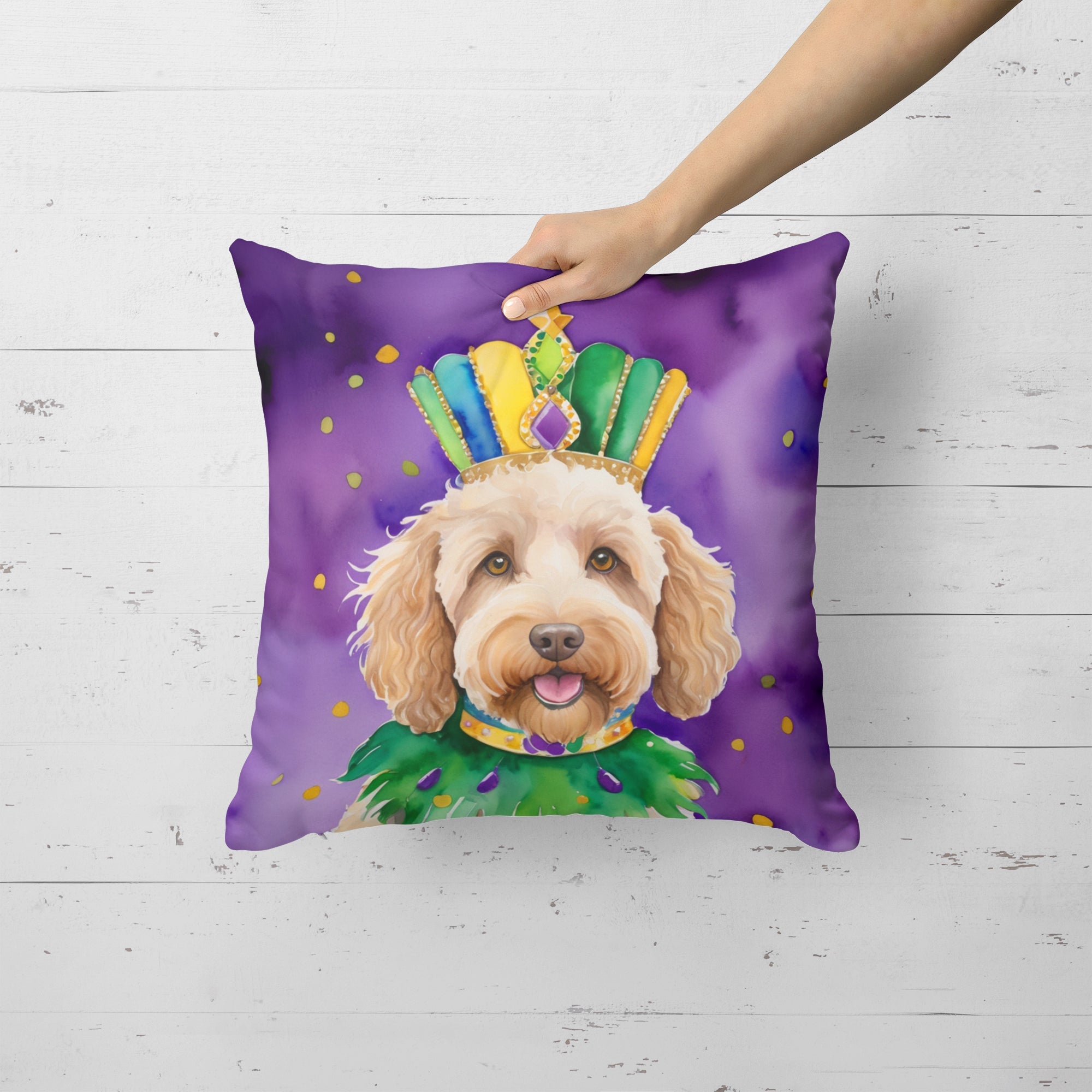 Labradoodle King of Mardi Gras Decorative Throw Pillow 18x18 Indoor Outdoor Accent Cushion, Fabric Cover with Insert for Sofa, Bed, Porch & Living Room