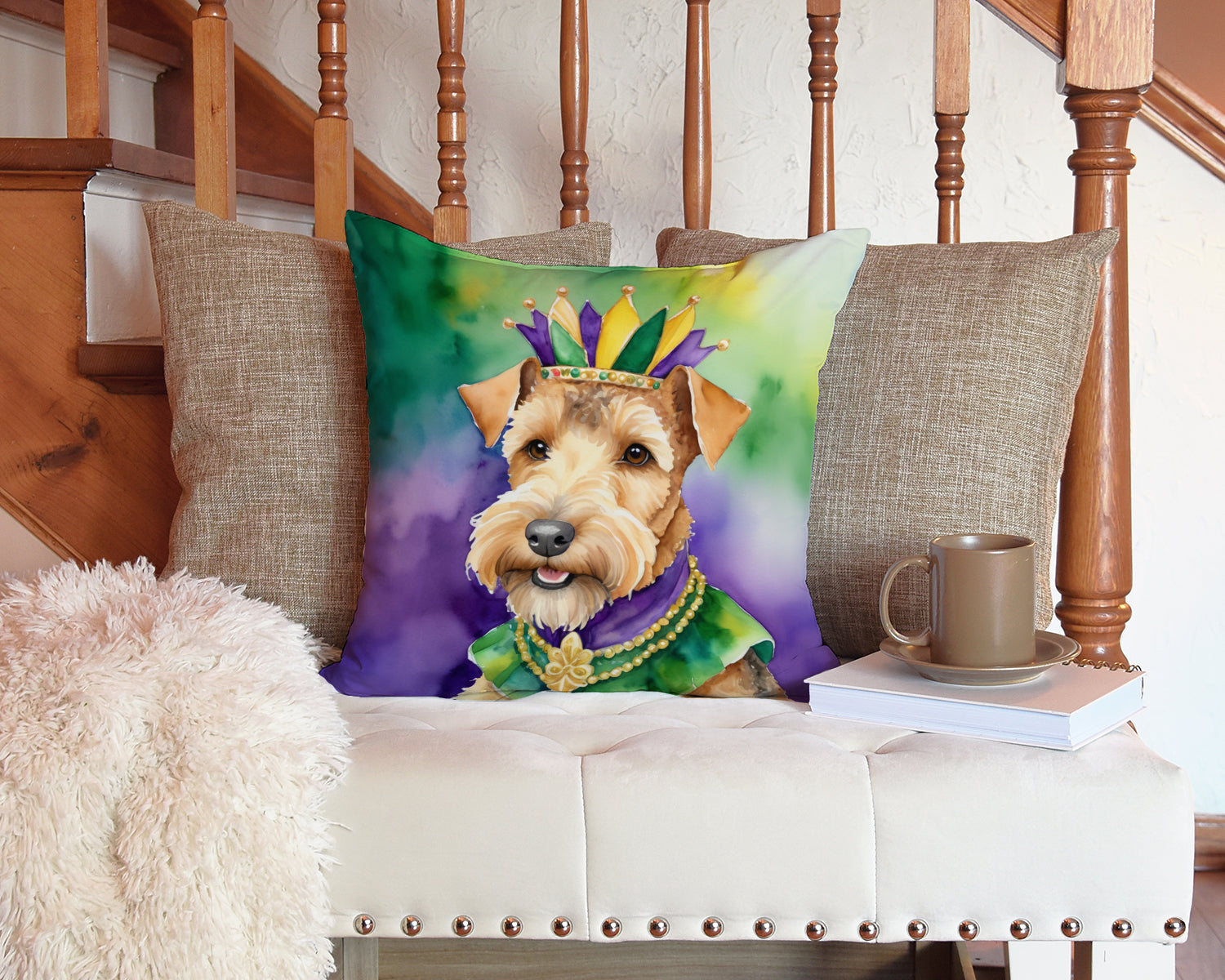 Lakeland Terrier King of Mardi Gras Decorative Throw Pillow 14x14 Indoor Outdoor Accent Cushion, Fabric Cover with Insert for Sofa, Bed, Porch & Living Room