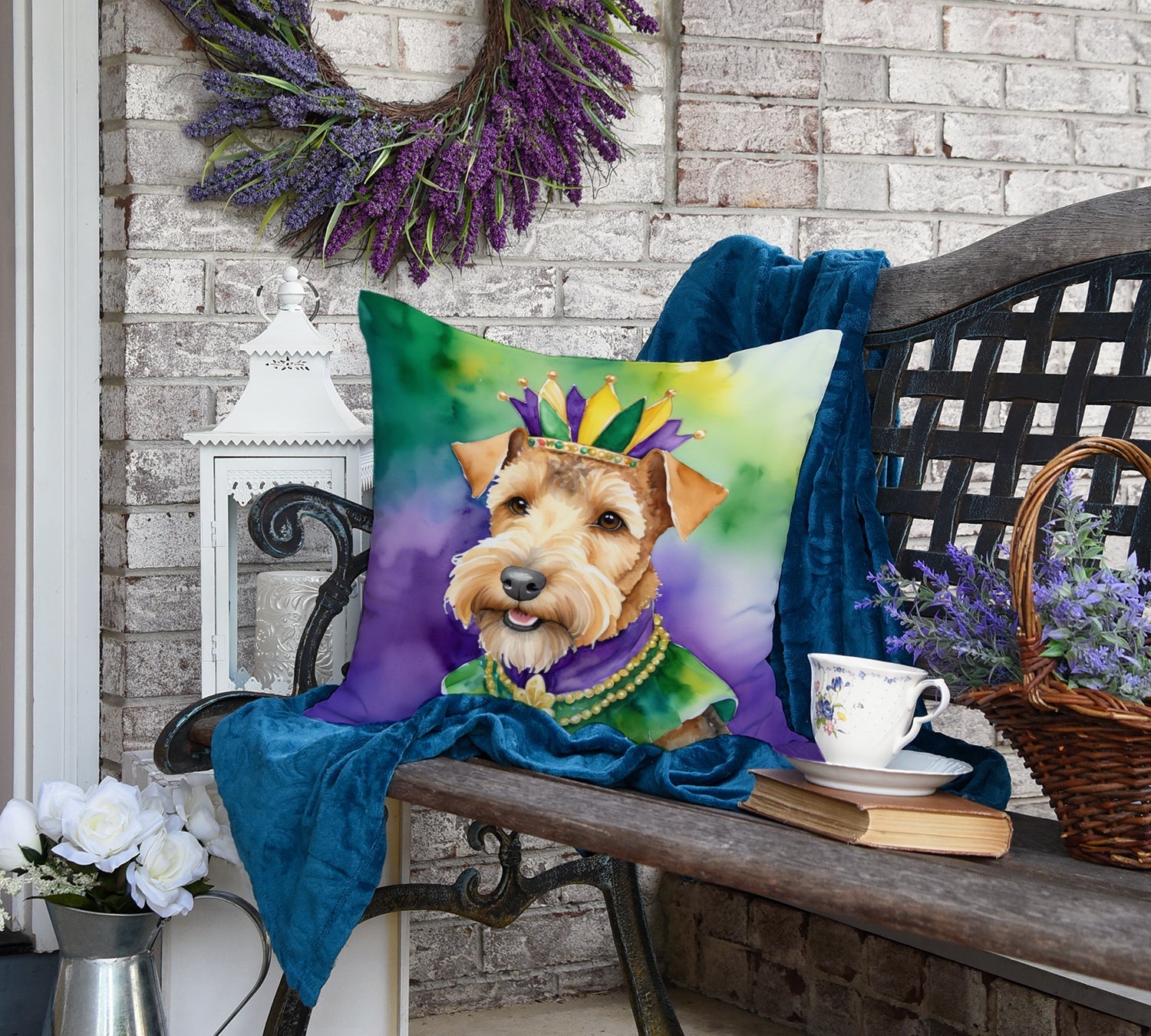 Lakeland Terrier King of Mardi Gras Decorative Throw Pillow 18x18 Indoor Outdoor Accent Cushion, Fabric Cover with Insert for Sofa, Bed, Porch & Living Room
