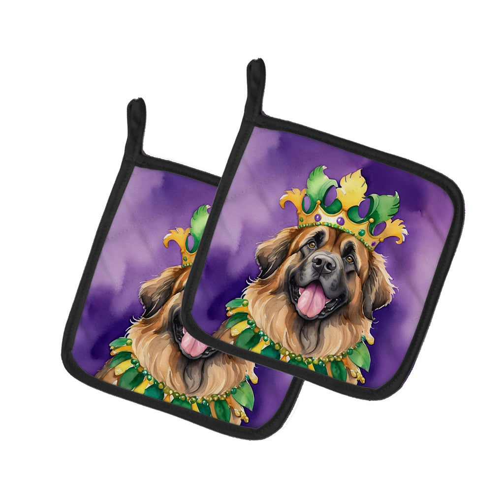 Leonberger King of Mardi Gras Pot Holder Set of 2 Heat Resistant Quilted Hot Pads 7.5 x 7.5 Inch, Insulated Kitchen Trivets for Cooking & Baking