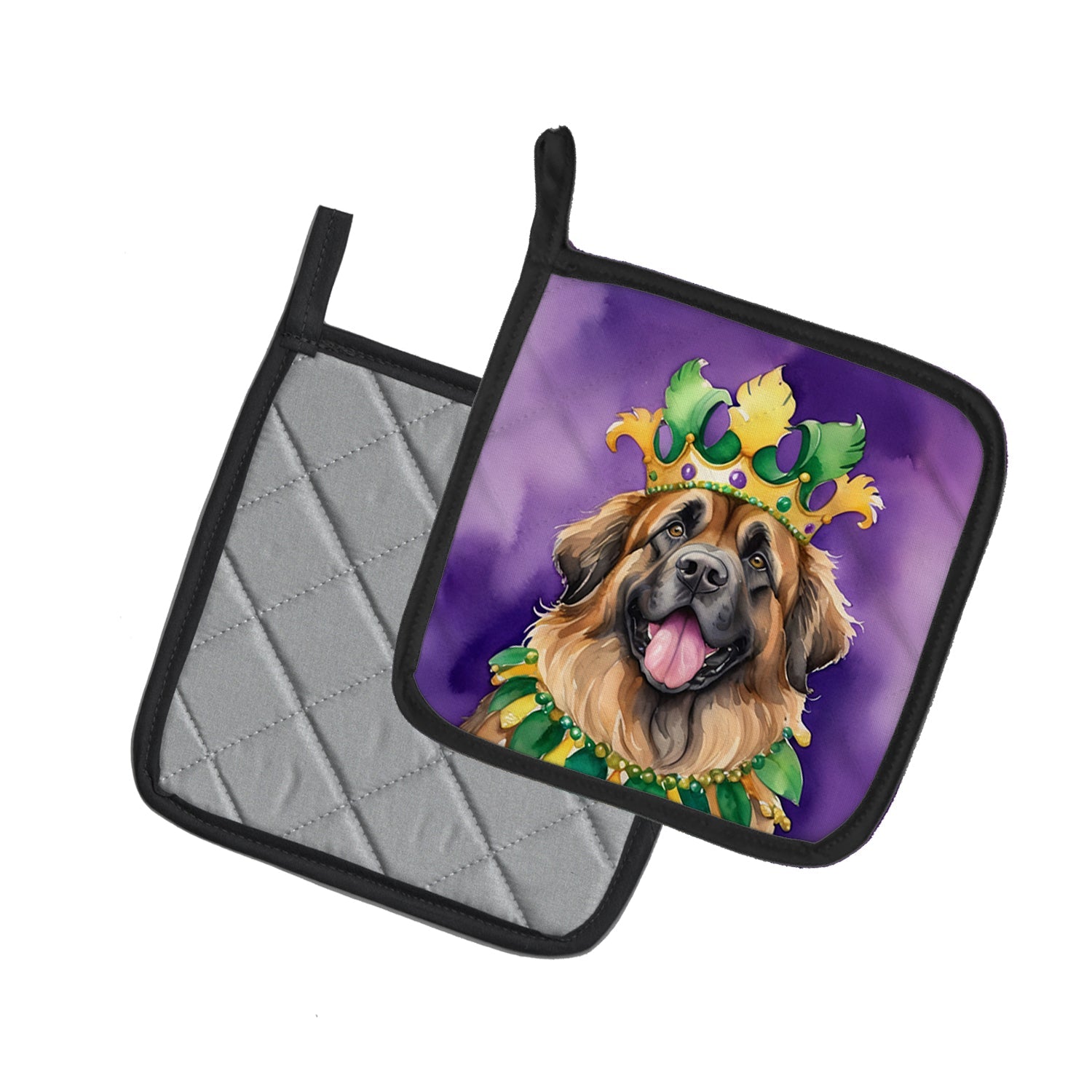 Leonberger King of Mardi Gras Pot Holder Set of 2 Heat Resistant Quilted Hot Pads 7.5 x 7.5 Inch, Insulated Kitchen Trivets for Cooking & Baking