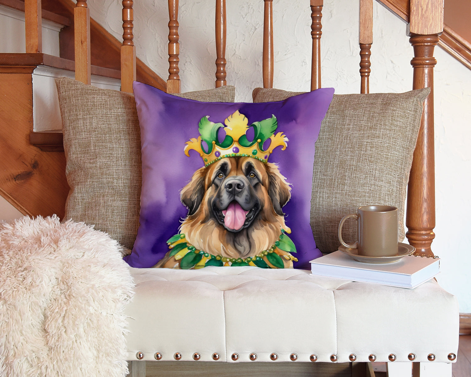 Leonberger King of Mardi Gras Decorative Throw Pillow 14x14 Indoor Outdoor Accent Cushion, Fabric Cover with Insert for Sofa, Bed, Porch & Living Room