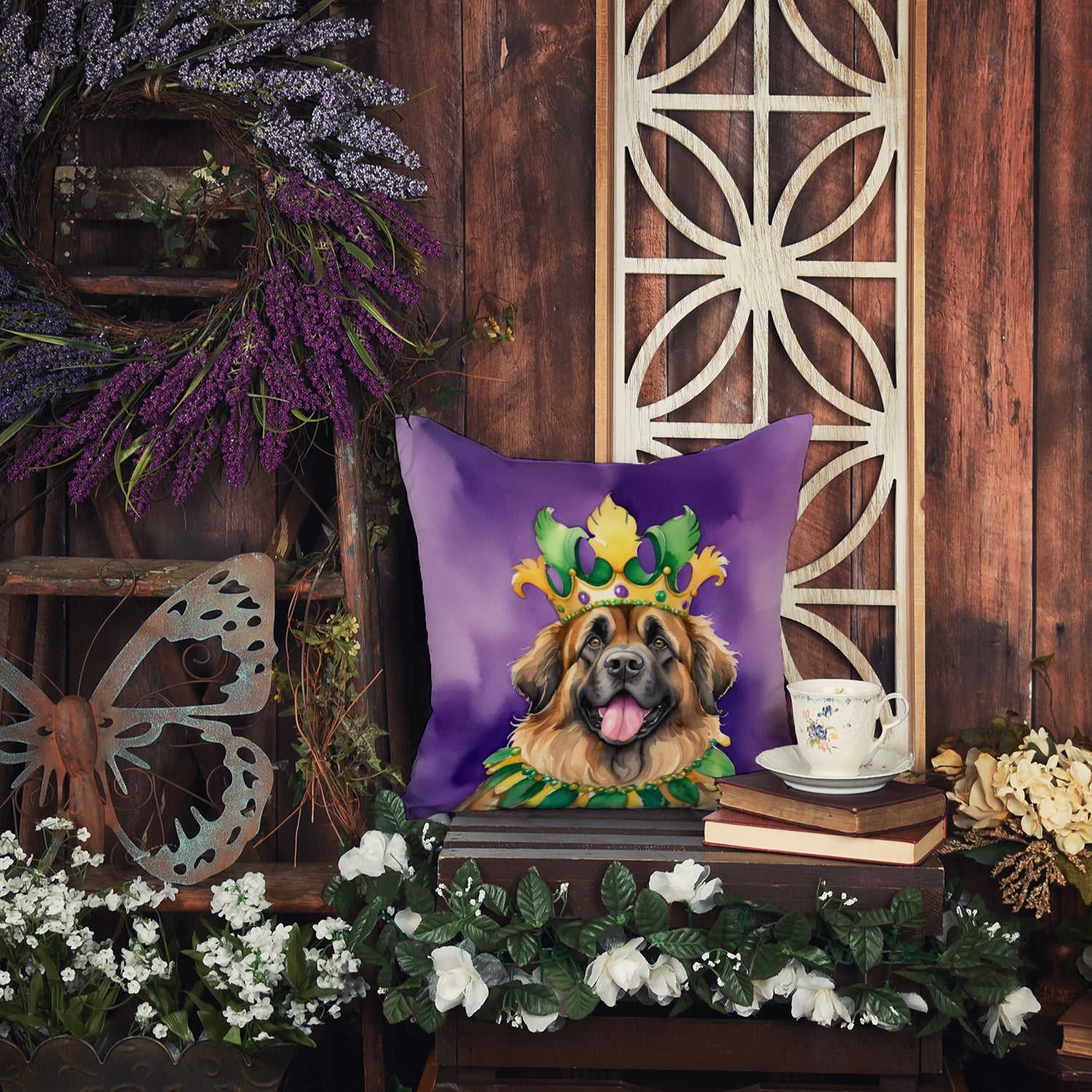 Leonberger King of Mardi Gras Decorative Throw Pillow 14x14 Indoor Outdoor Accent Cushion, Fabric Cover with Insert for Sofa, Bed, Porch & Living Room