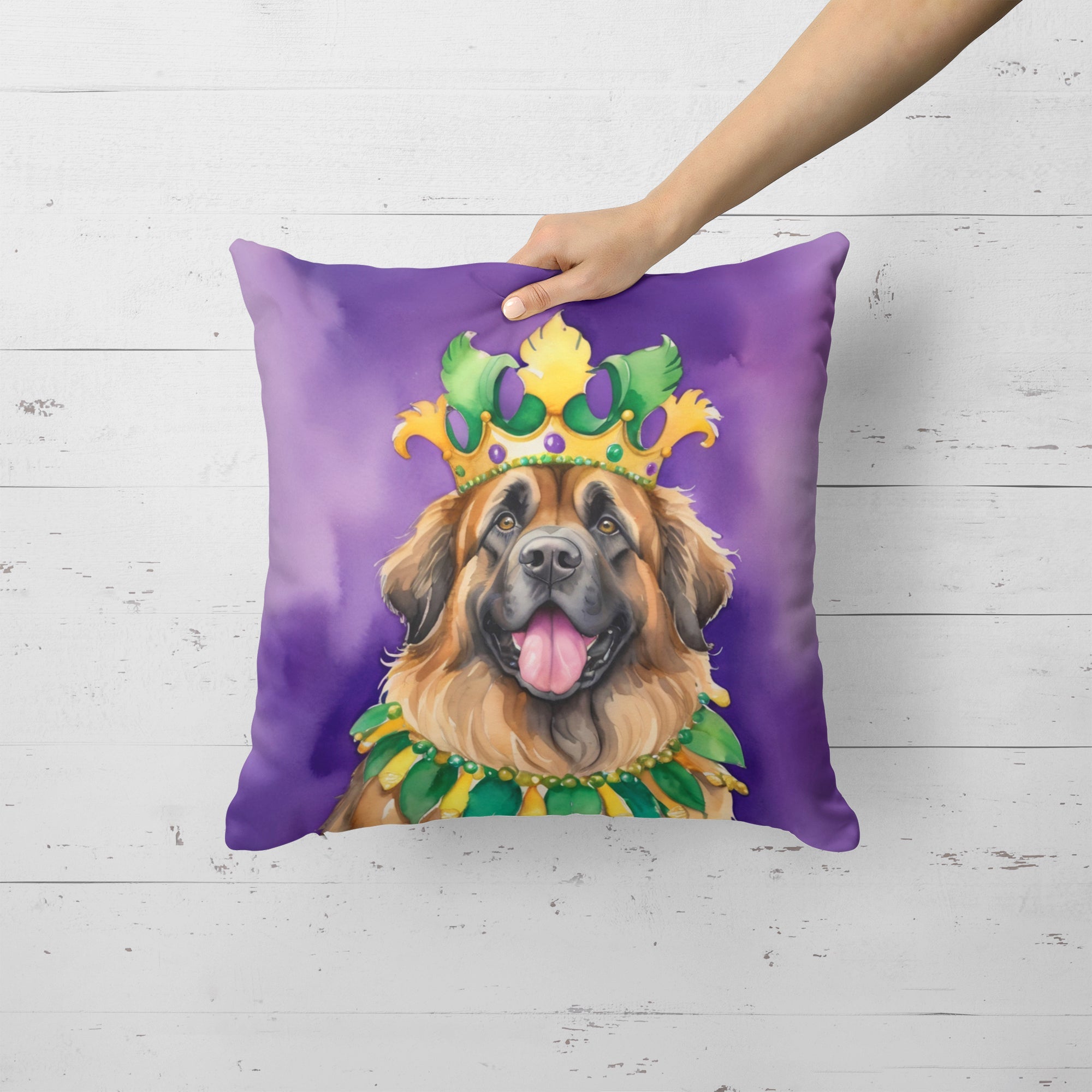 Leonberger King of Mardi Gras Decorative Throw Pillow 18x18 Indoor Outdoor Accent Cushion, Fabric Cover with Insert for Sofa, Bed, Porch & Living Room