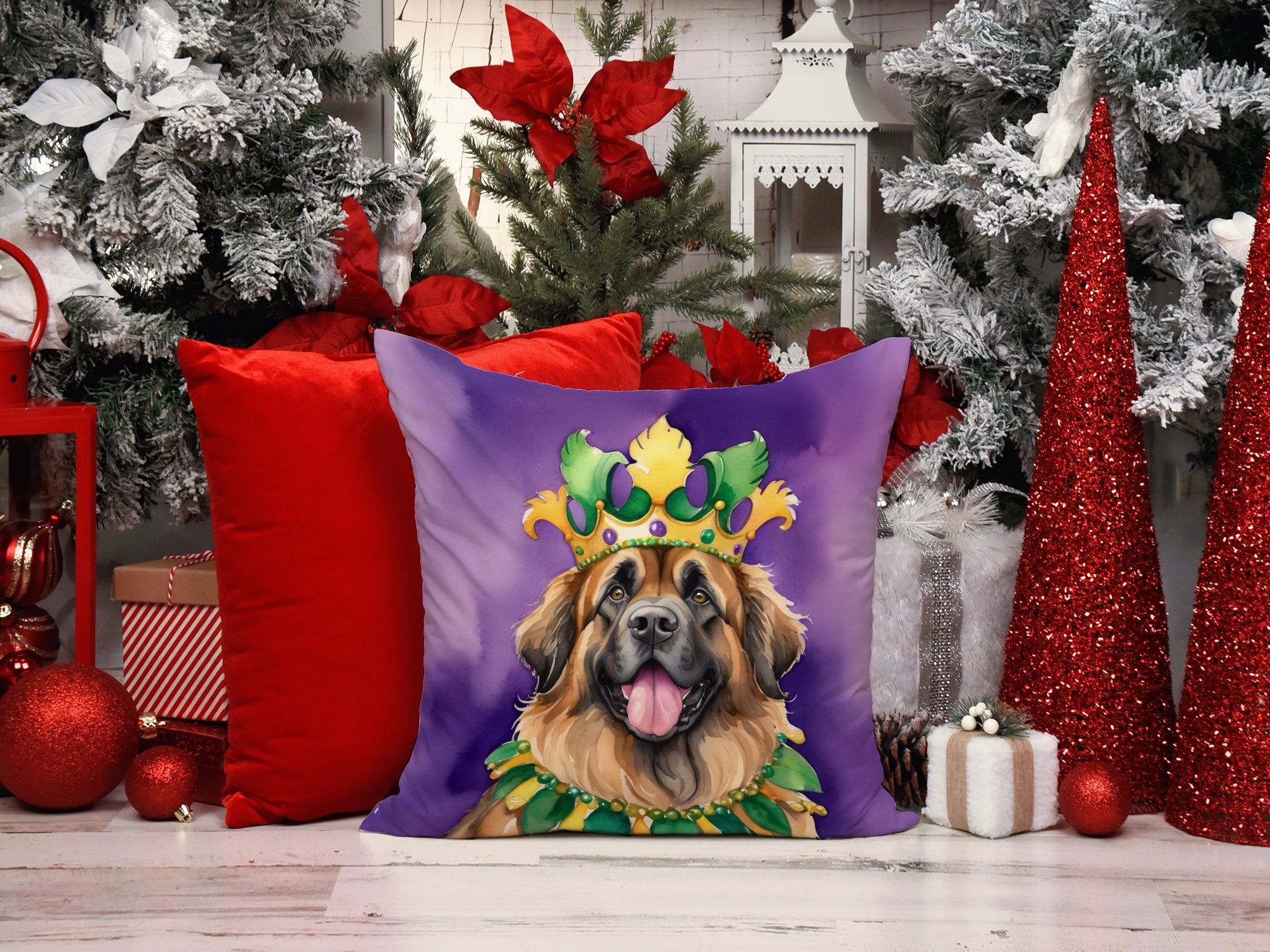 Leonberger King of Mardi Gras Decorative Throw Pillow 18x18 Indoor Outdoor Accent Cushion, Fabric Cover with Insert for Sofa, Bed, Porch & Living Room
