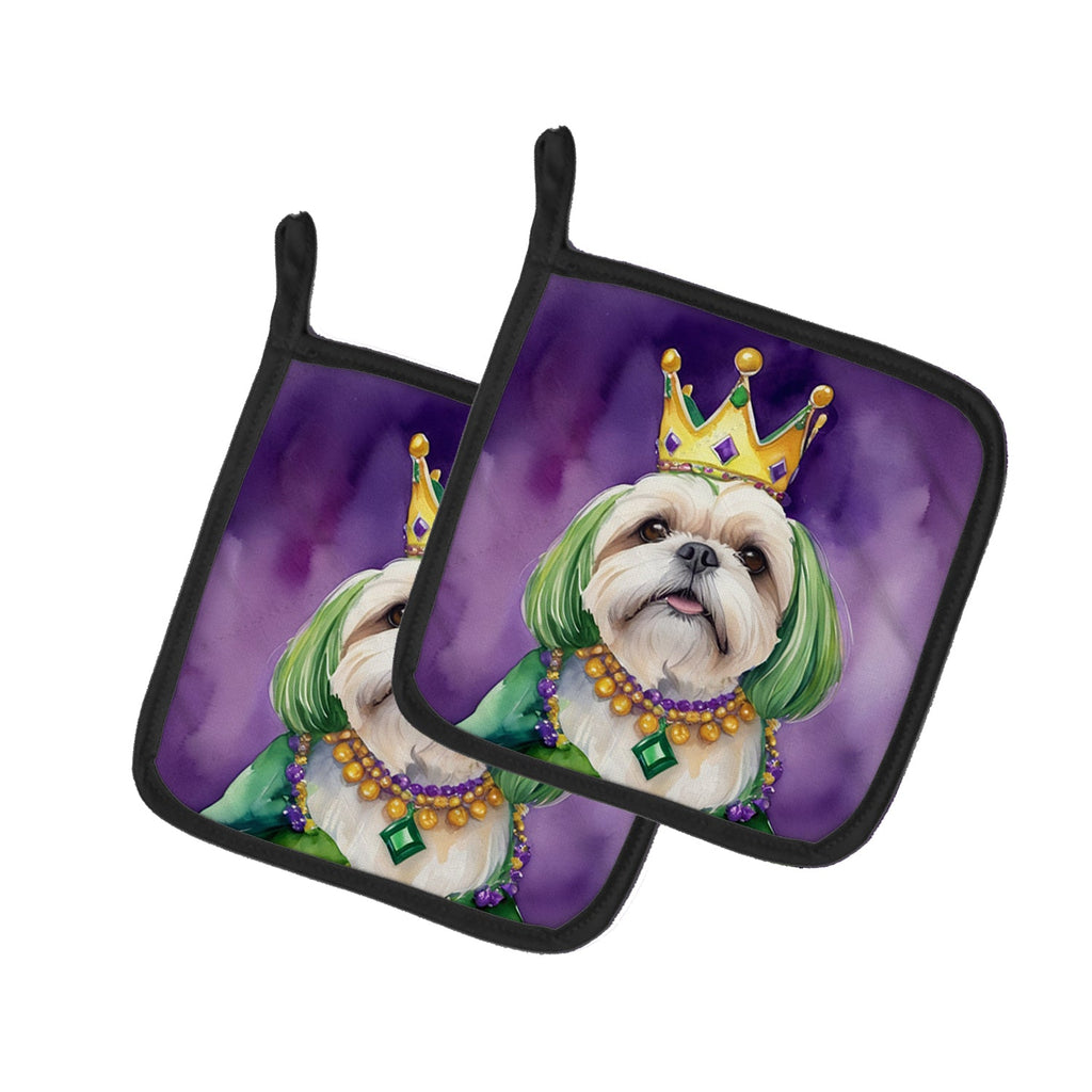 Lhasa Apso King of Mardi Gras Pot Holder Set of 2 Heat Resistant Quilted Hot Pads 7.5 x 7.5 Inch, Insulated Kitchen Trivets for Cooking & Baking