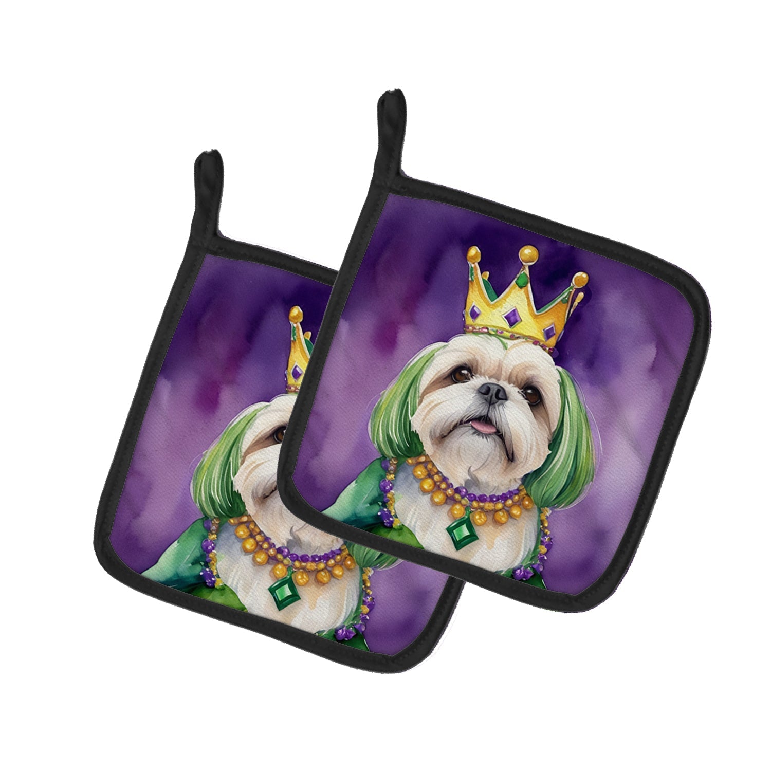 Lhasa Apso King of Mardi Gras Pot Holder Set of 2 Heat Resistant Quilted Hot Pads 7.5 x 7.5 Inch, Insulated Kitchen Trivets for Cooking & Baking