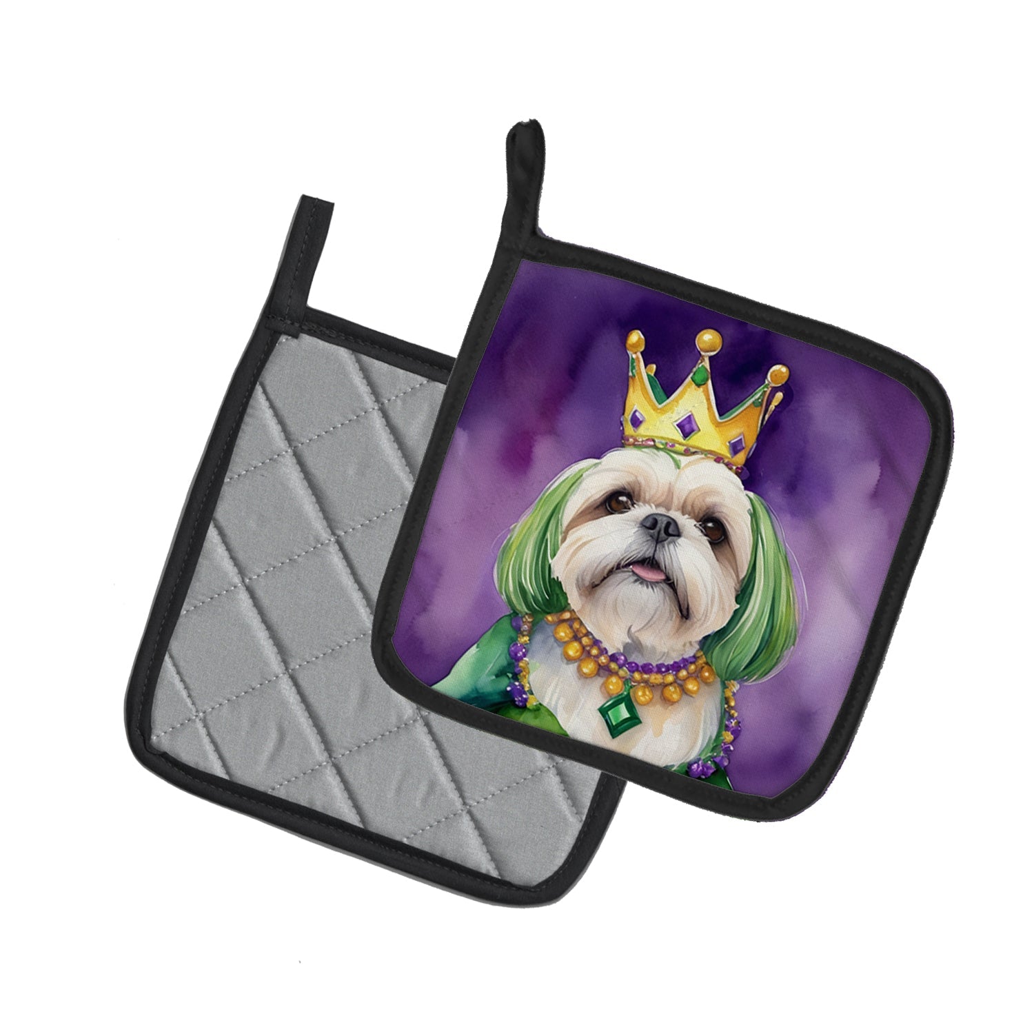 Lhasa Apso King of Mardi Gras Pot Holder Set of 2 Heat Resistant Quilted Hot Pads 7.5 x 7.5 Inch, Insulated Kitchen Trivets for Cooking & Baking