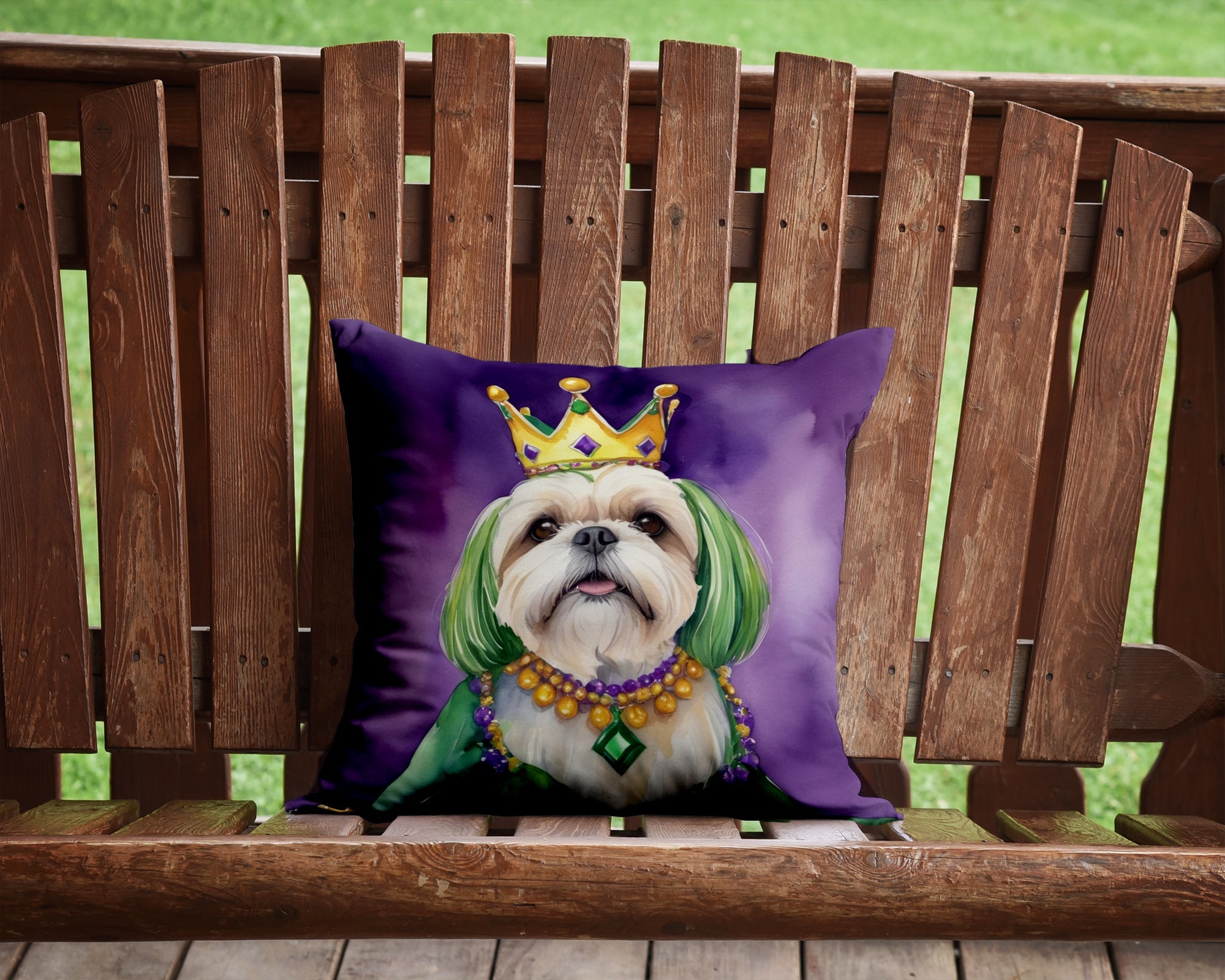 Lhasa Apso King of Mardi Gras Decorative Throw Pillow 14x14 Indoor Outdoor Accent Cushion, Fabric Cover with Insert for Sofa, Bed, Porch & Living Room