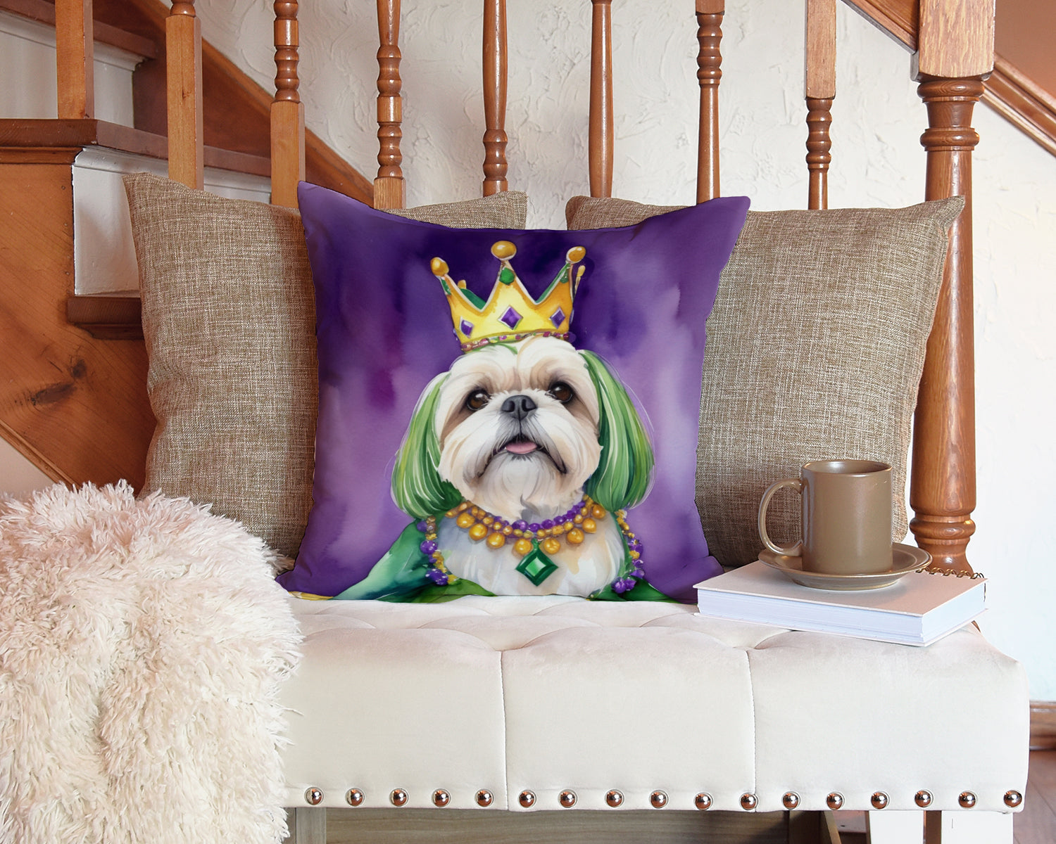 Lhasa Apso King of Mardi Gras Decorative Throw Pillow 14x14 Indoor Outdoor Accent Cushion, Fabric Cover with Insert for Sofa, Bed, Porch & Living Room