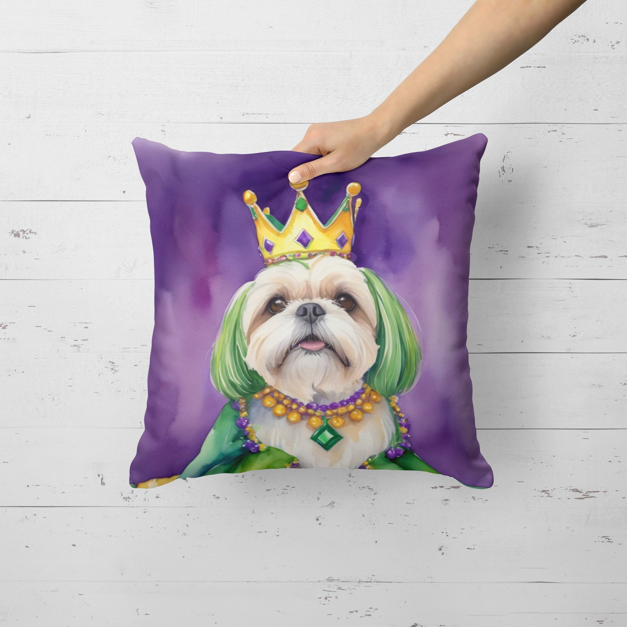 Lhasa Apso King of Mardi Gras Decorative Throw Pillow 18x18 Indoor Outdoor Accent Cushion, Fabric Cover with Insert for Sofa, Bed, Porch & Living Room