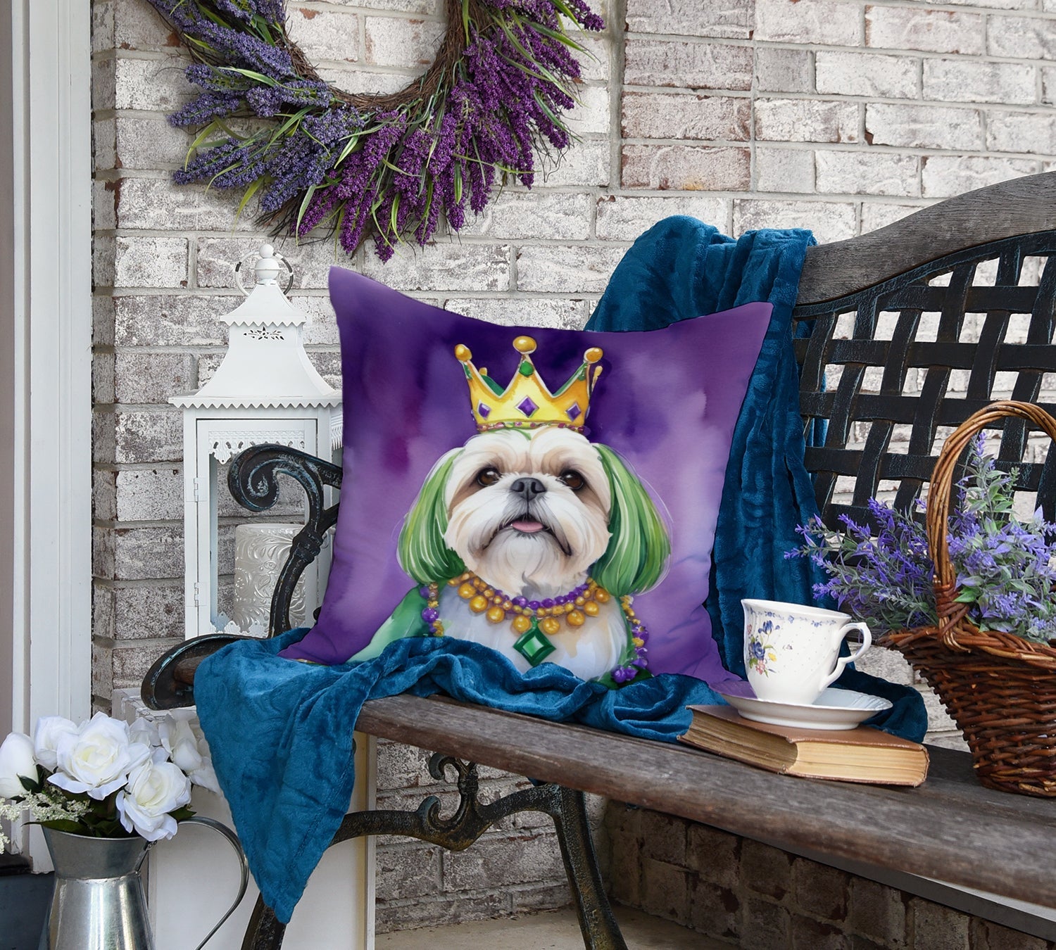 Lhasa Apso King of Mardi Gras Decorative Throw Pillow 18x18 Indoor Outdoor Accent Cushion, Fabric Cover with Insert for Sofa, Bed, Porch & Living Room