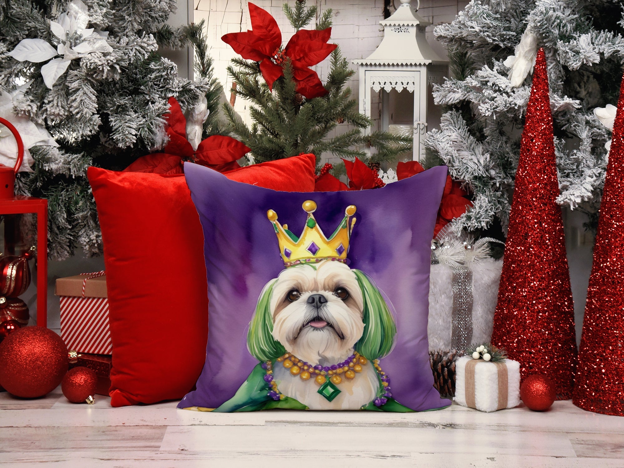 Lhasa Apso King of Mardi Gras Decorative Throw Pillow 18x18 Indoor Outdoor Accent Cushion, Fabric Cover with Insert for Sofa, Bed, Porch & Living Room