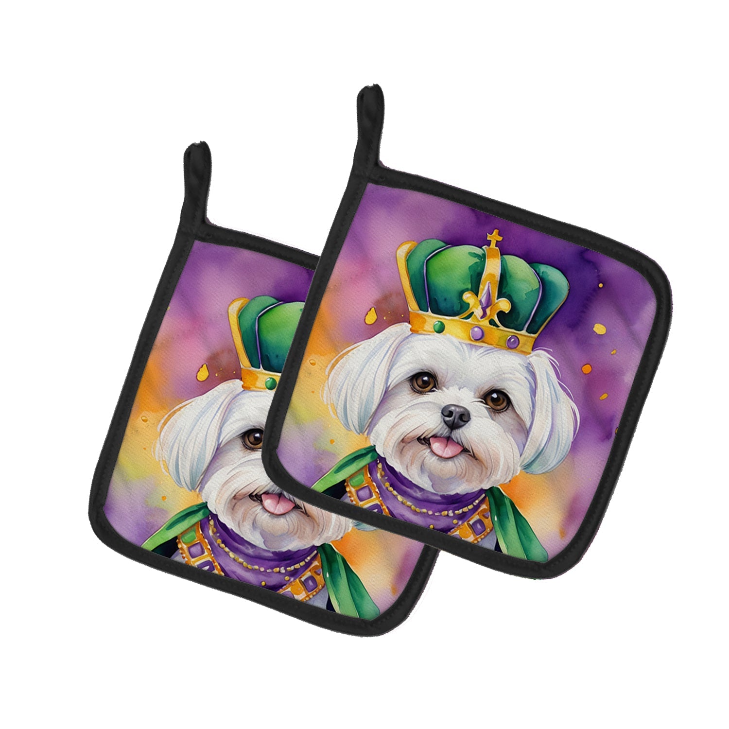 Maltese King of Mardi Gras Pot Holder Set of 2 Heat Resistant Quilted Hot Pads 7.5 x 7.5 Inch, Insulated Kitchen Trivets for Cooking & Baking
