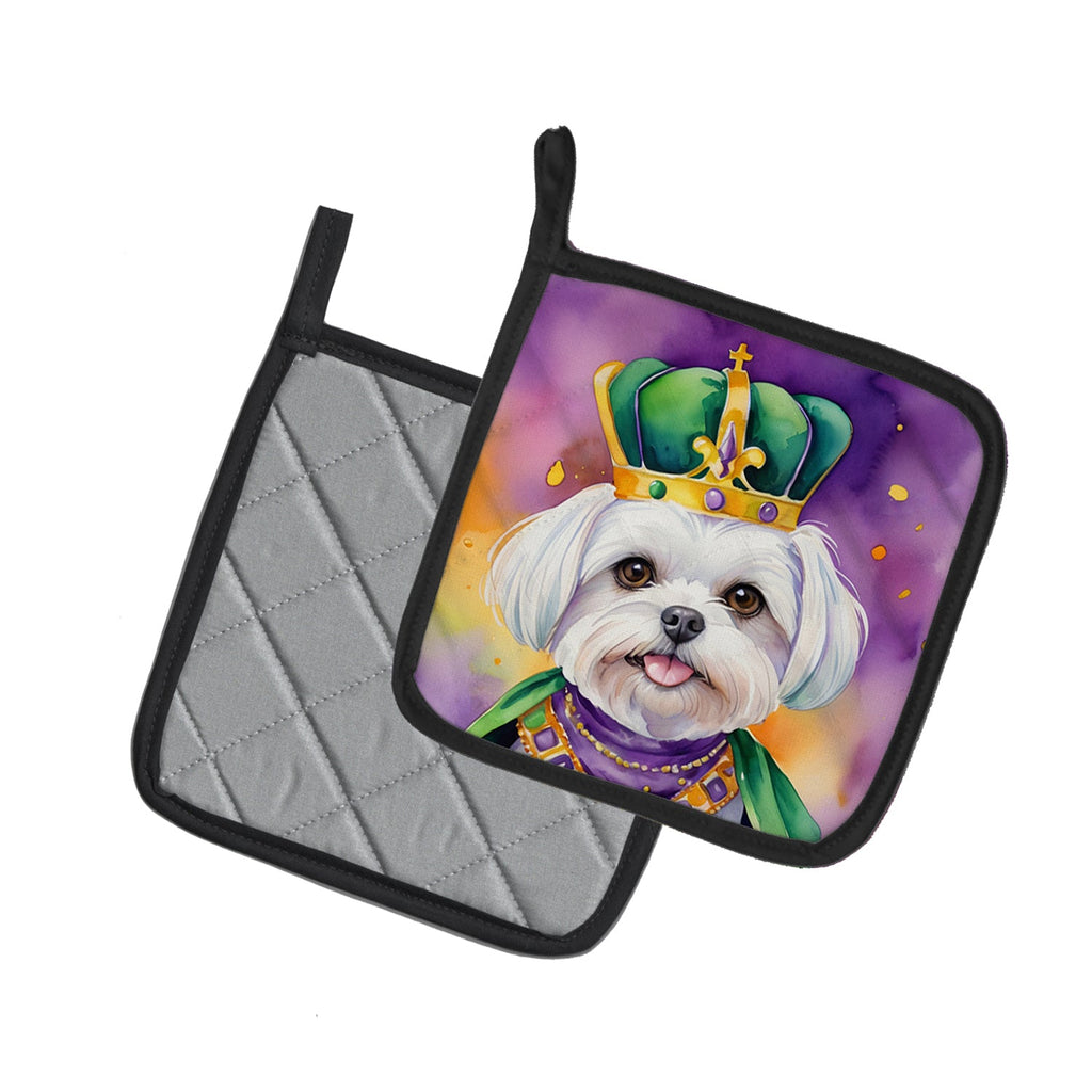 Maltese King of Mardi Gras Pot Holder Set of 2 Heat Resistant Quilted Hot Pads 7.5 x 7.5 Inch, Insulated Kitchen Trivets for Cooking & Baking
