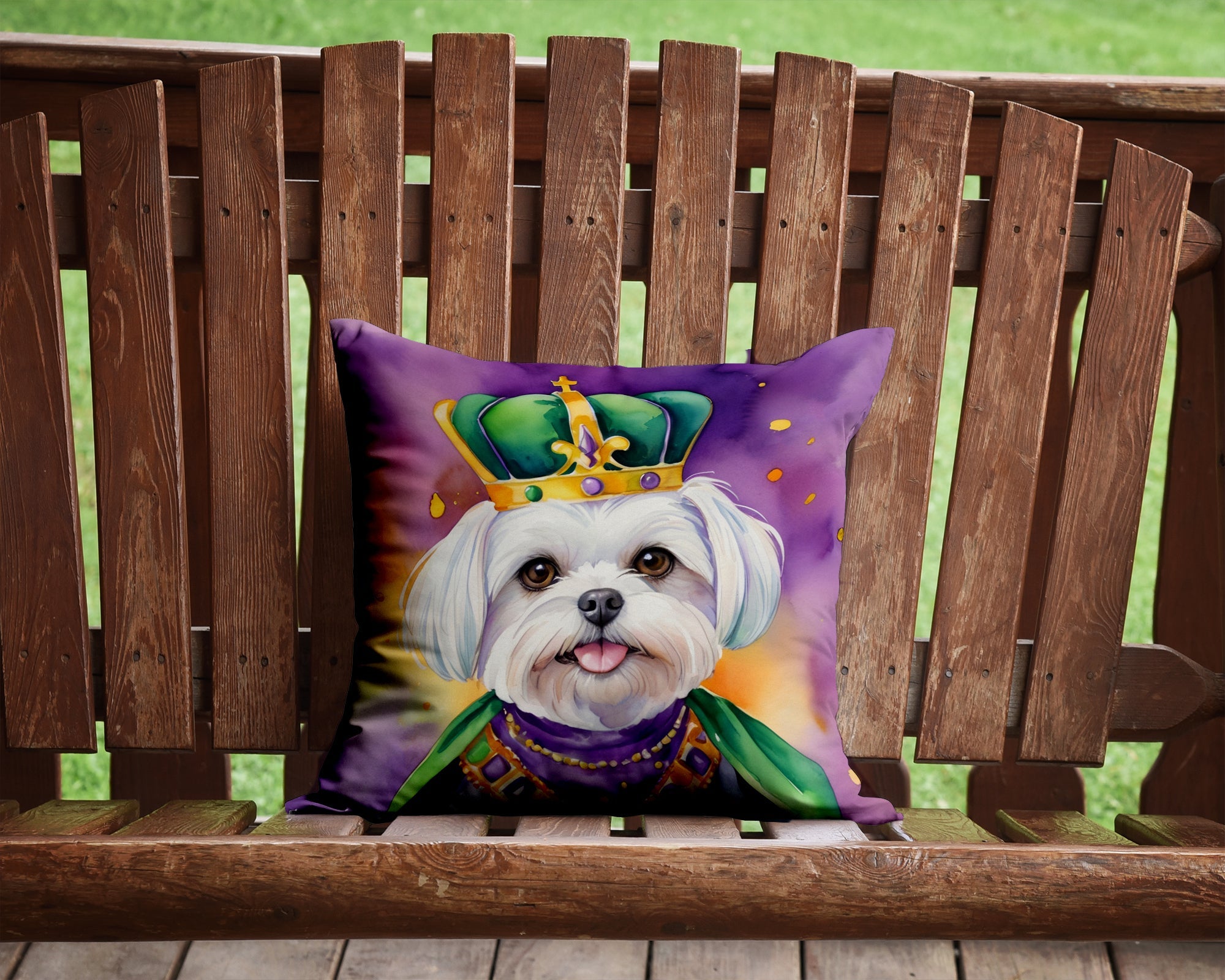 Maltese King of Mardi Gras Decorative Throw Pillow 14x14 Indoor Outdoor Accent Cushion, Fabric Cover with Insert for Sofa, Bed, Porch & Living Room