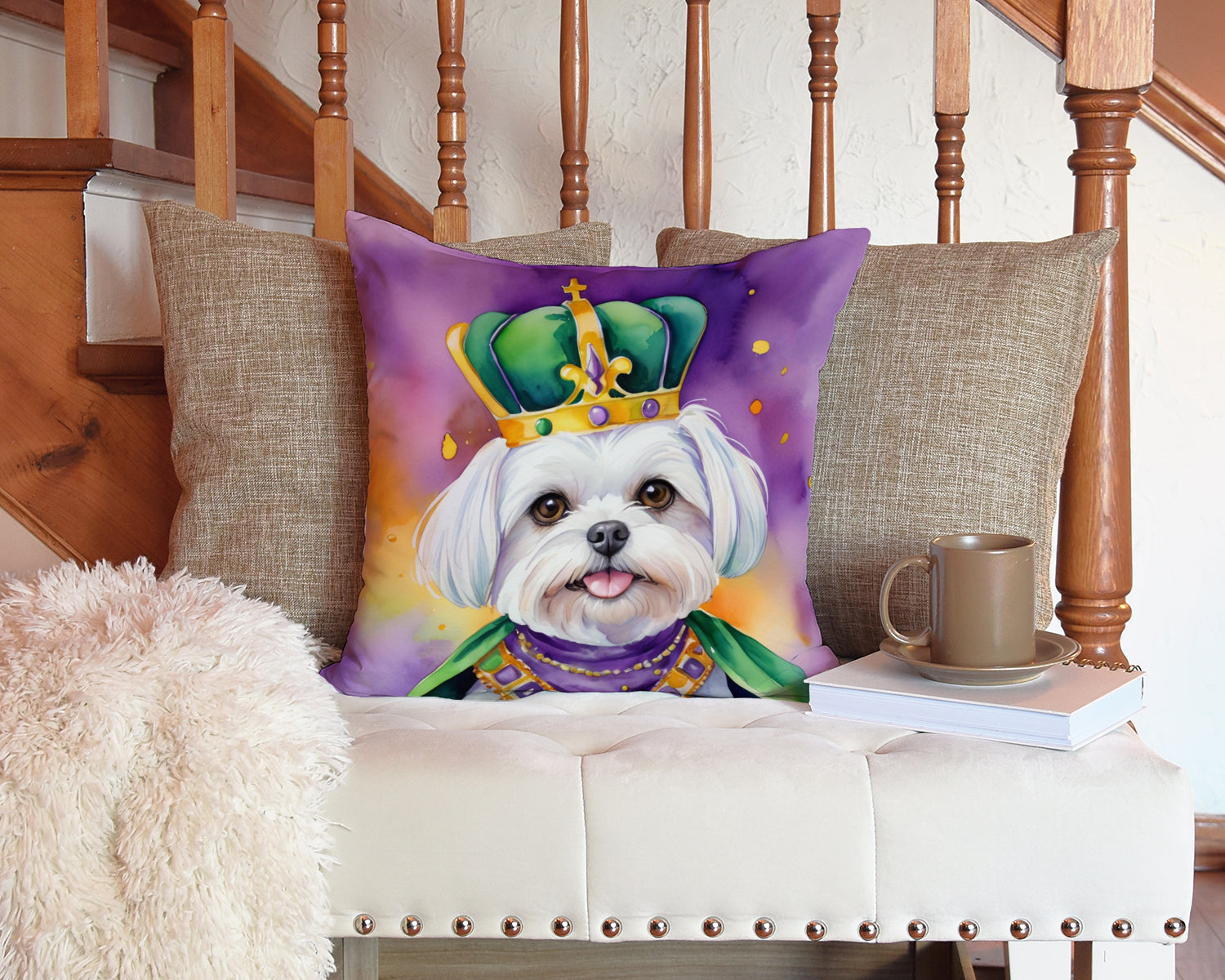 Maltese King of Mardi Gras Decorative Throw Pillow 14x14 Indoor Outdoor Accent Cushion, Fabric Cover with Insert for Sofa, Bed, Porch & Living Room