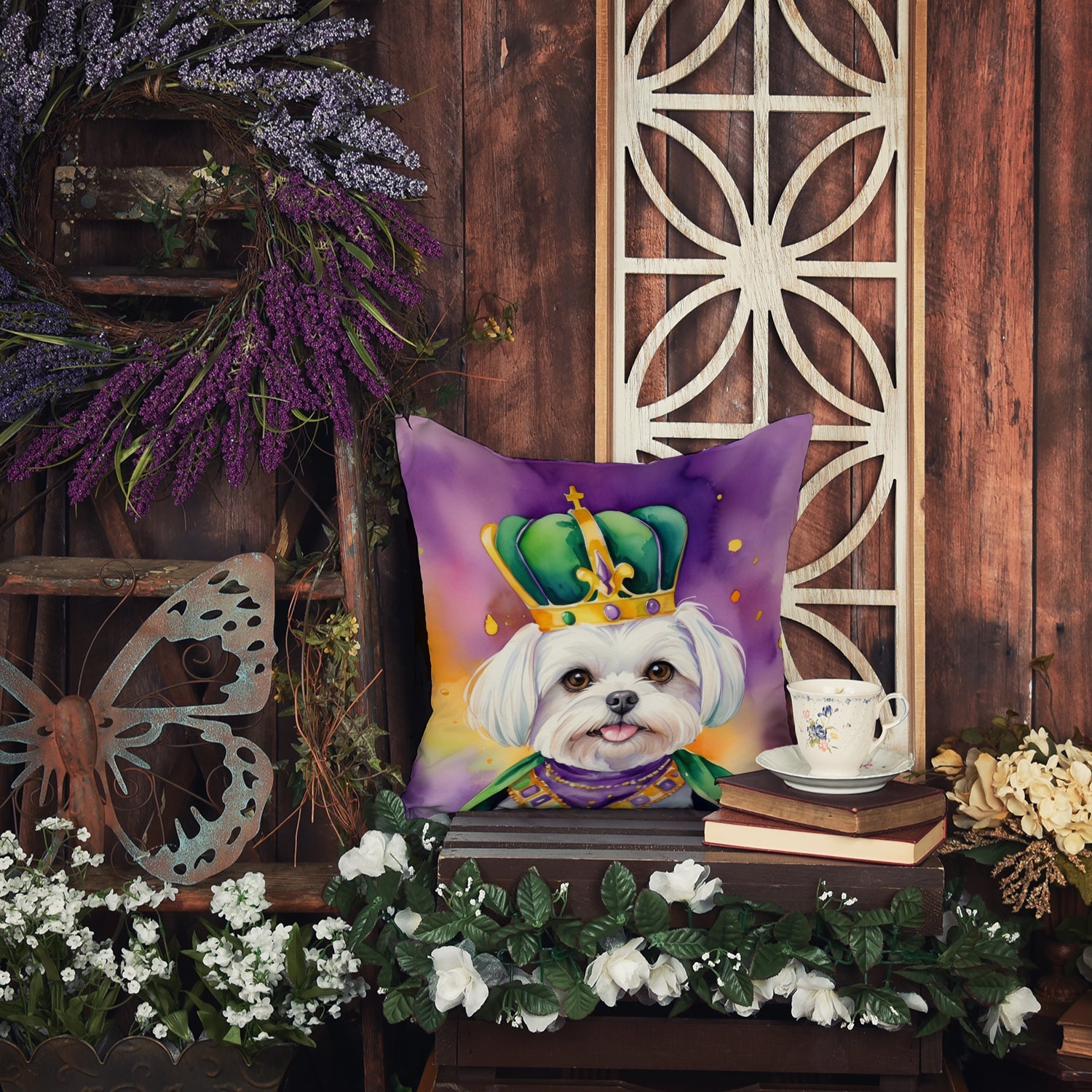 Maltese King of Mardi Gras Decorative Throw Pillow 14x14 Indoor Outdoor Accent Cushion, Fabric Cover with Insert for Sofa, Bed, Porch & Living Room