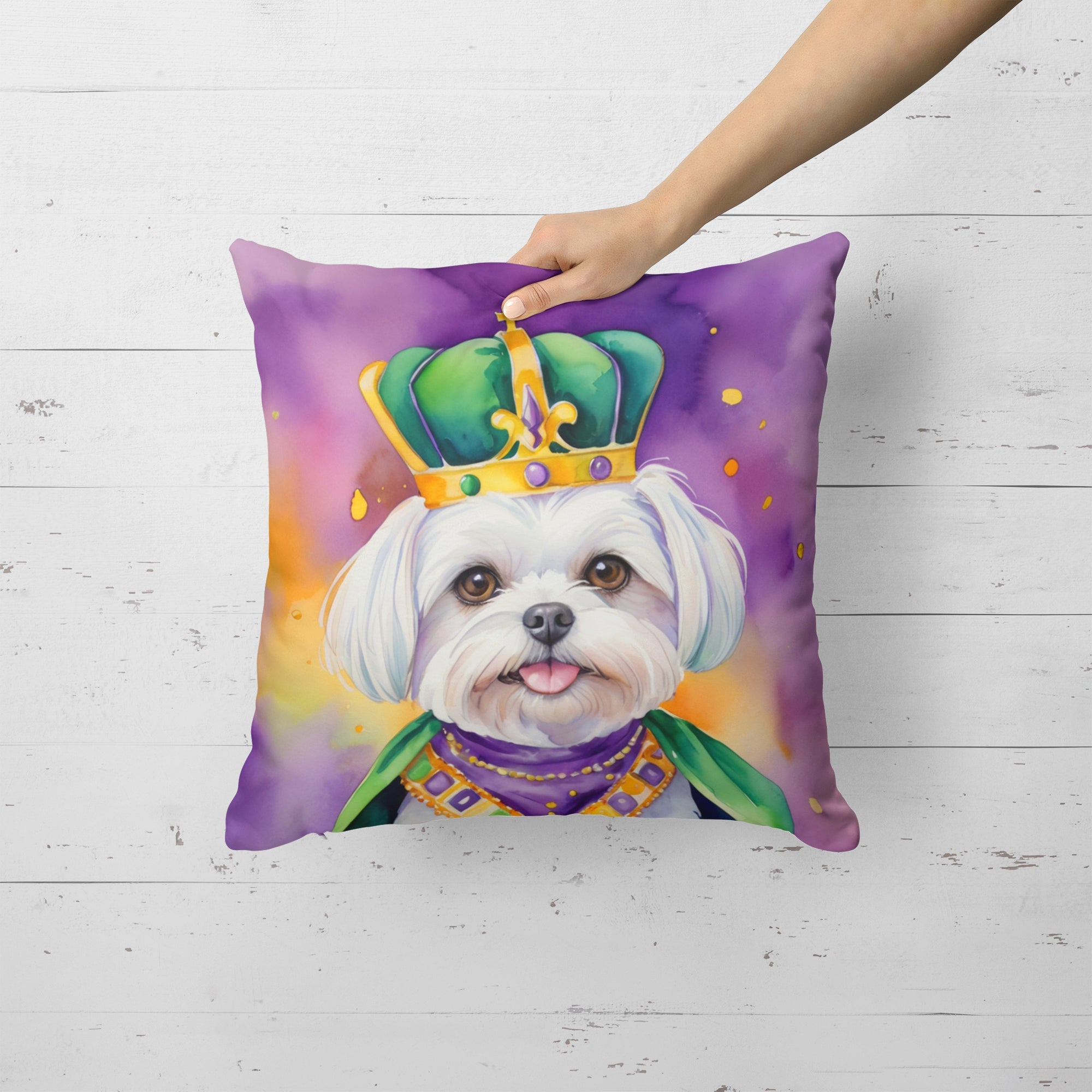 Maltese King of Mardi Gras Decorative Throw Pillow 18x18 Indoor Outdoor Accent Cushion, Fabric Cover with Insert for Sofa, Bed, Porch & Living Room