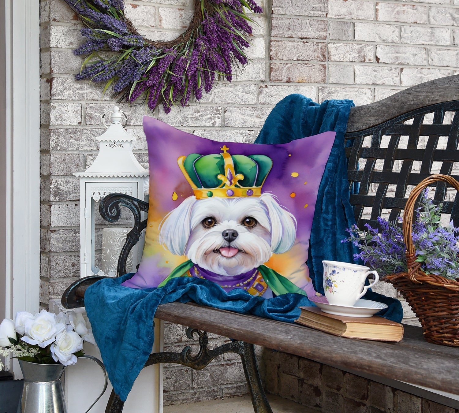 Maltese King of Mardi Gras Decorative Throw Pillow 18x18 Indoor Outdoor Accent Cushion, Fabric Cover with Insert for Sofa, Bed, Porch & Living Room