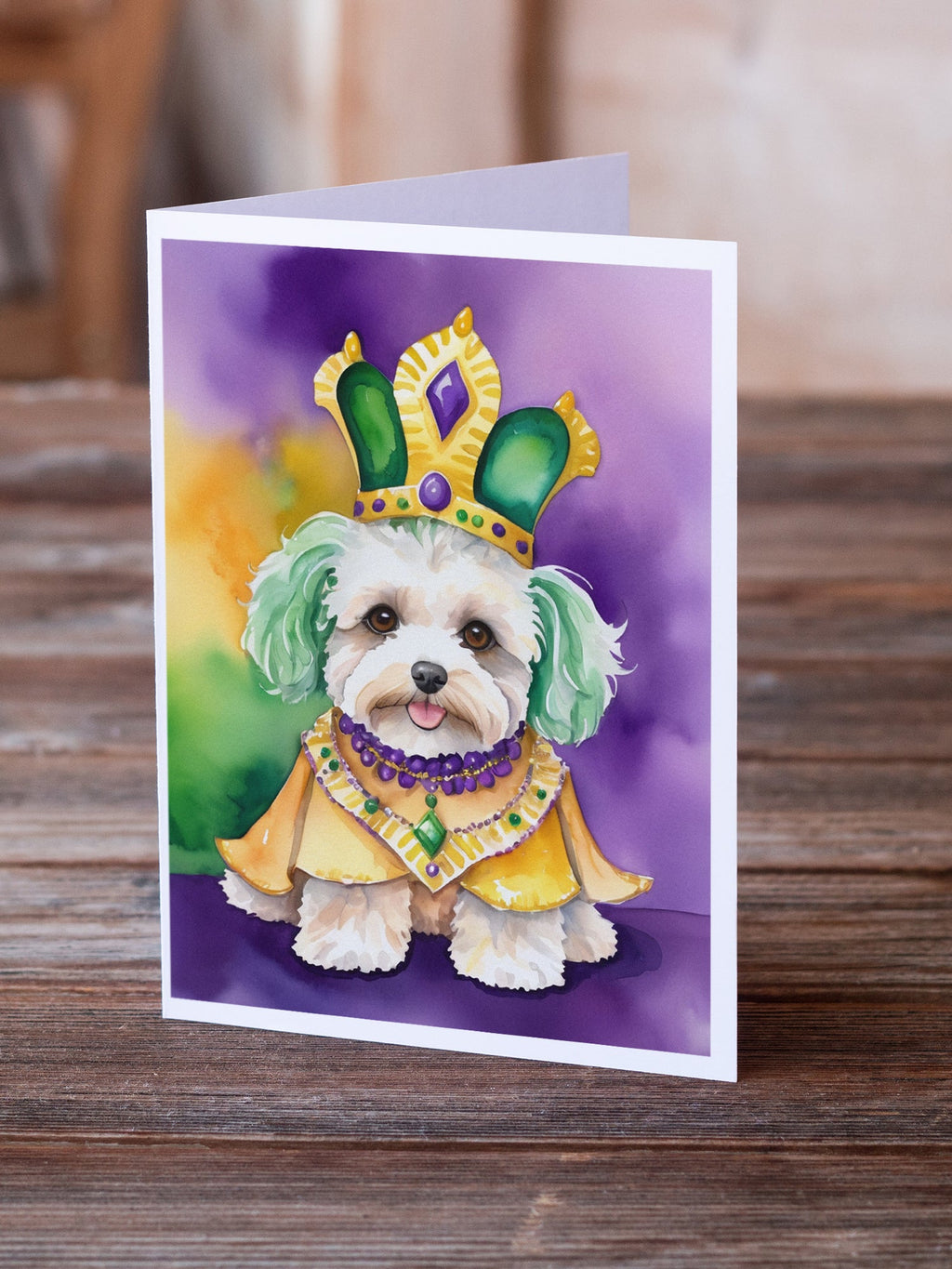 Maltipoo King of Mardi Gras Greeting Cards Pack of 8 Blank Cards with Envelopes Whimsical A7 Size 5x7