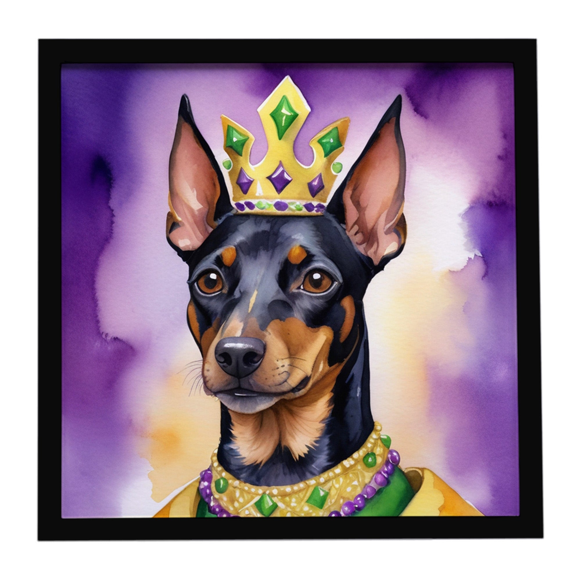 Manchester Terrier King of Mardi Gras Framed Metal Print Bathroom, Kitchen, Office, Home Decor Wall Art Ready to Hang, Square, 8X8