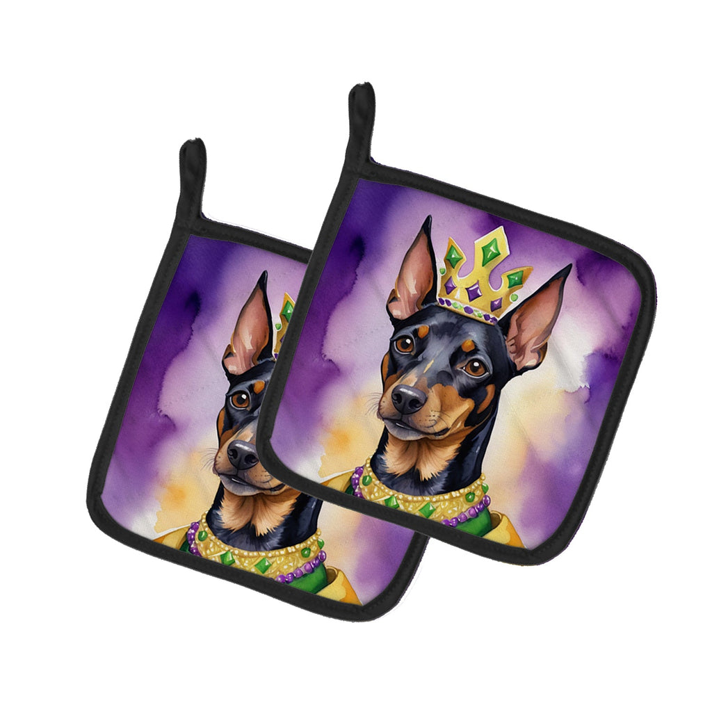 Manchester Terrier King of Mardi Gras Pot Holder Set of 2 Heat Resistant Quilted Hot Pads 7.5 x 7.5 Inch, Insulated Kitchen Trivets for Cooking & Baking