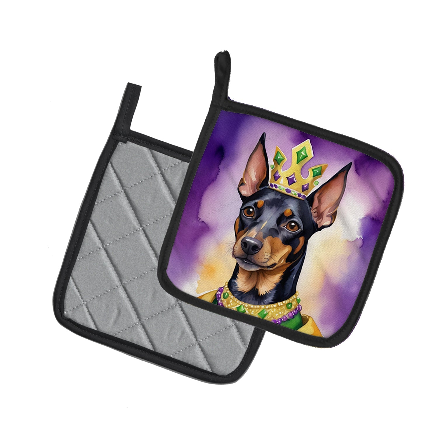 Manchester Terrier King of Mardi Gras Pot Holder Set of 2 Heat Resistant Quilted Hot Pads 7.5 x 7.5 Inch, Insulated Kitchen Trivets for Cooking & Baking