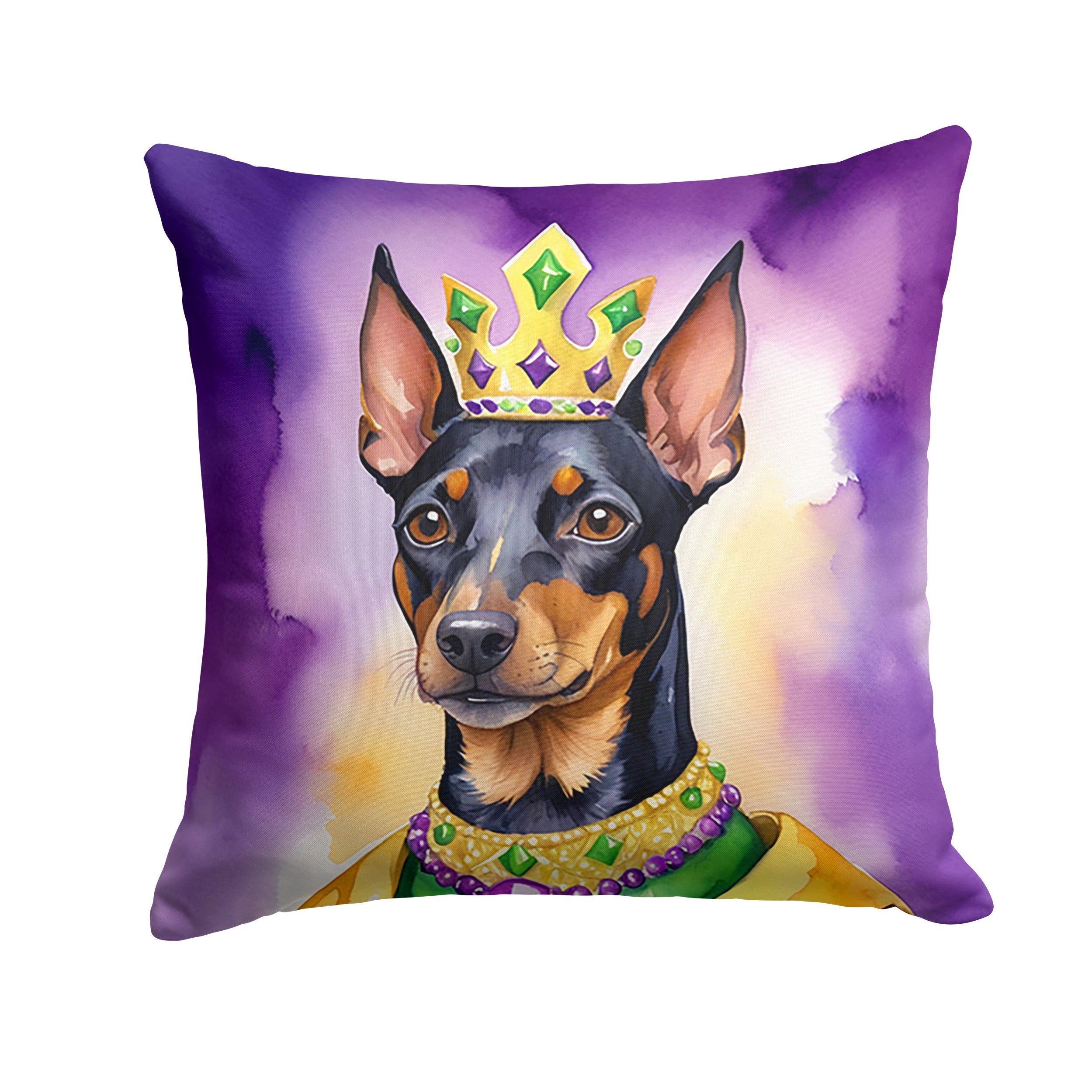 Manchester Terrier King of Mardi Gras Decorative Throw Pillow 14x14 Indoor Outdoor Accent Cushion, Fabric Cover with Insert for Sofa, Bed, Porch & Living Room