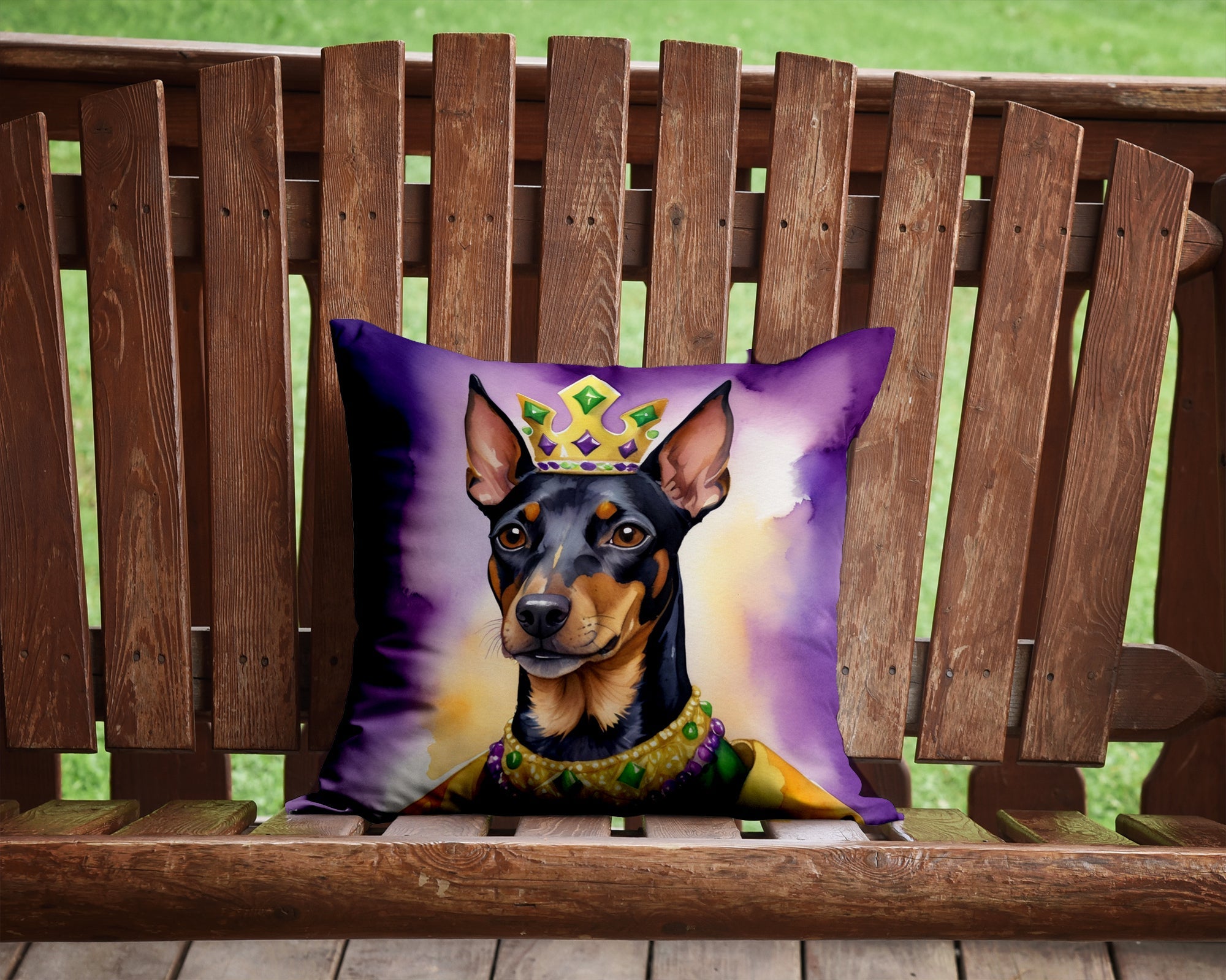 Manchester Terrier King of Mardi Gras Decorative Throw Pillow 14x14 Indoor Outdoor Accent Cushion, Fabric Cover with Insert for Sofa, Bed, Porch & Living Room