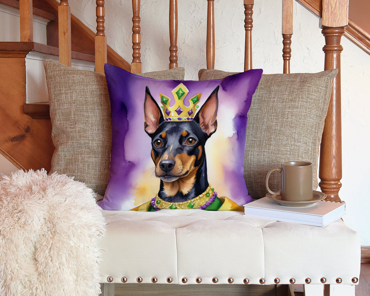 Manchester Terrier King of Mardi Gras Decorative Throw Pillow 14x14 Indoor Outdoor Accent Cushion, Fabric Cover with Insert for Sofa, Bed, Porch & Living Room