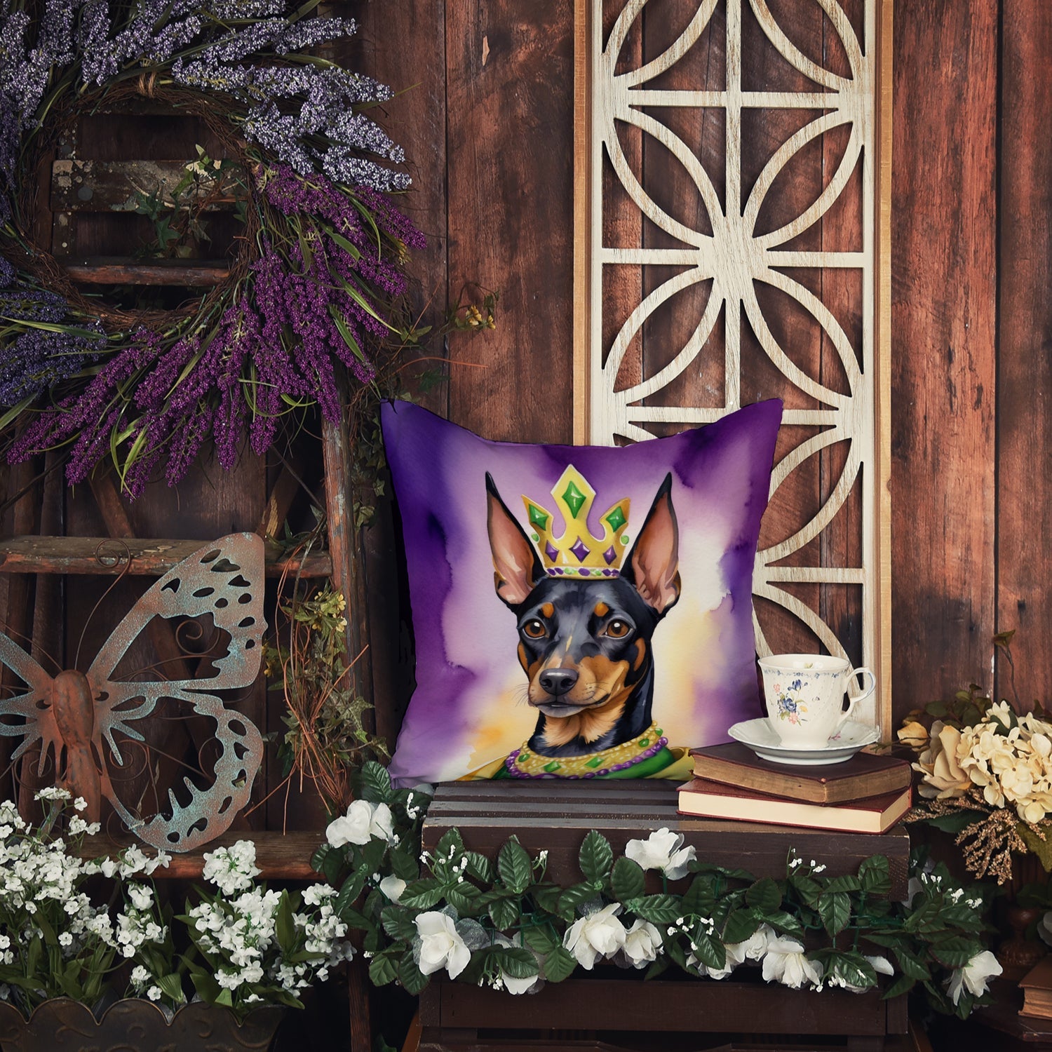 Manchester Terrier King of Mardi Gras Decorative Throw Pillow 14x14 Indoor Outdoor Accent Cushion, Fabric Cover with Insert for Sofa, Bed, Porch & Living Room