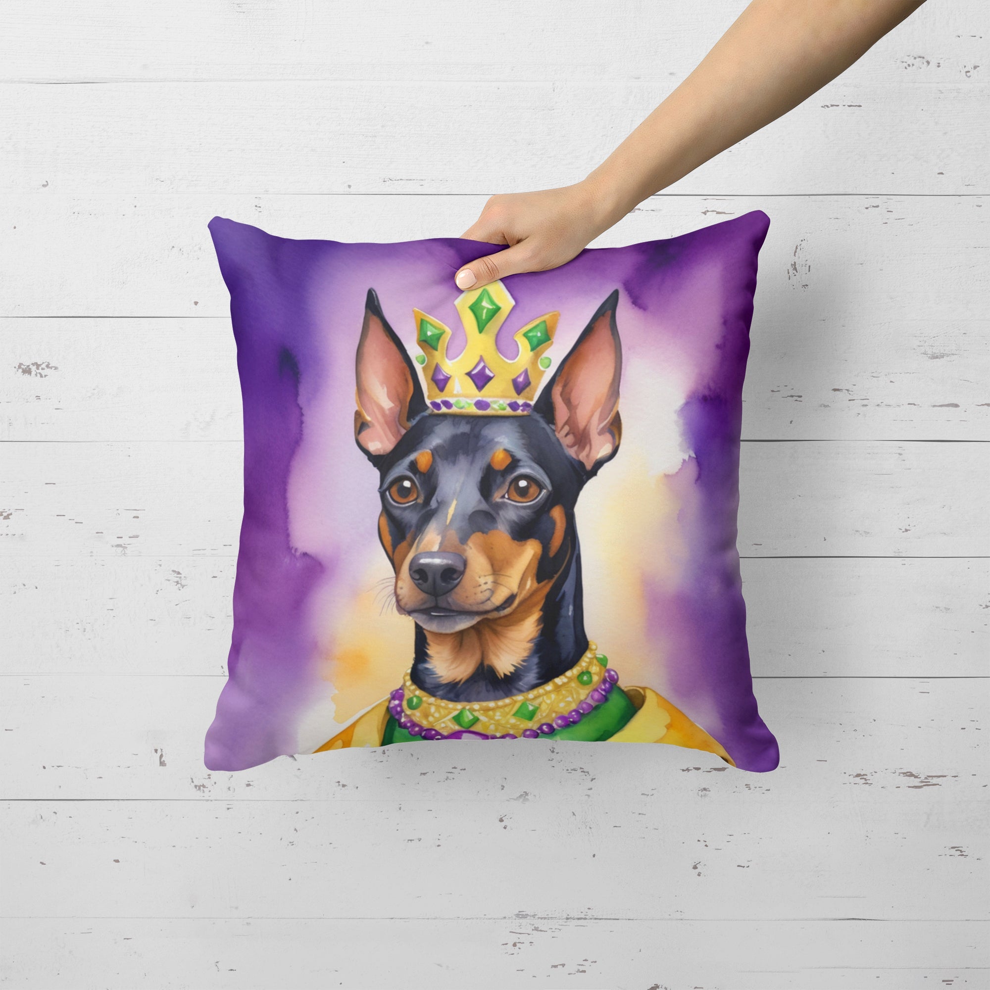 Manchester Terrier King of Mardi Gras Decorative Throw Pillow 18x18 Indoor Outdoor Accent Cushion, Fabric Cover with Insert for Sofa, Bed, Porch & Living Room