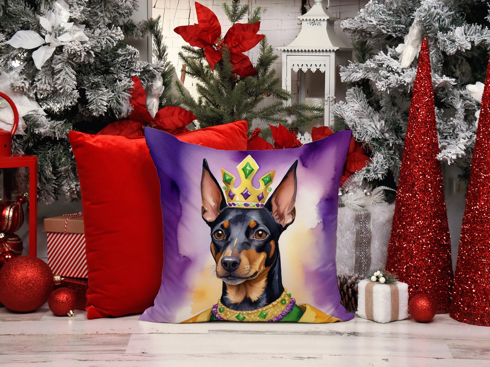 Manchester Terrier King of Mardi Gras Decorative Throw Pillow 18x18 Indoor Outdoor Accent Cushion, Fabric Cover with Insert for Sofa, Bed, Porch & Living Room