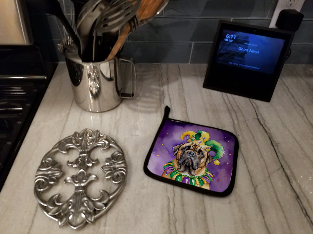Mastiff King of Mardi Gras Pot Holder Set of 2 Heat Resistant Quilted Hot Pads 7.5 x 7.5 Inch, Insulated Kitchen Trivets for Cooking & Baking