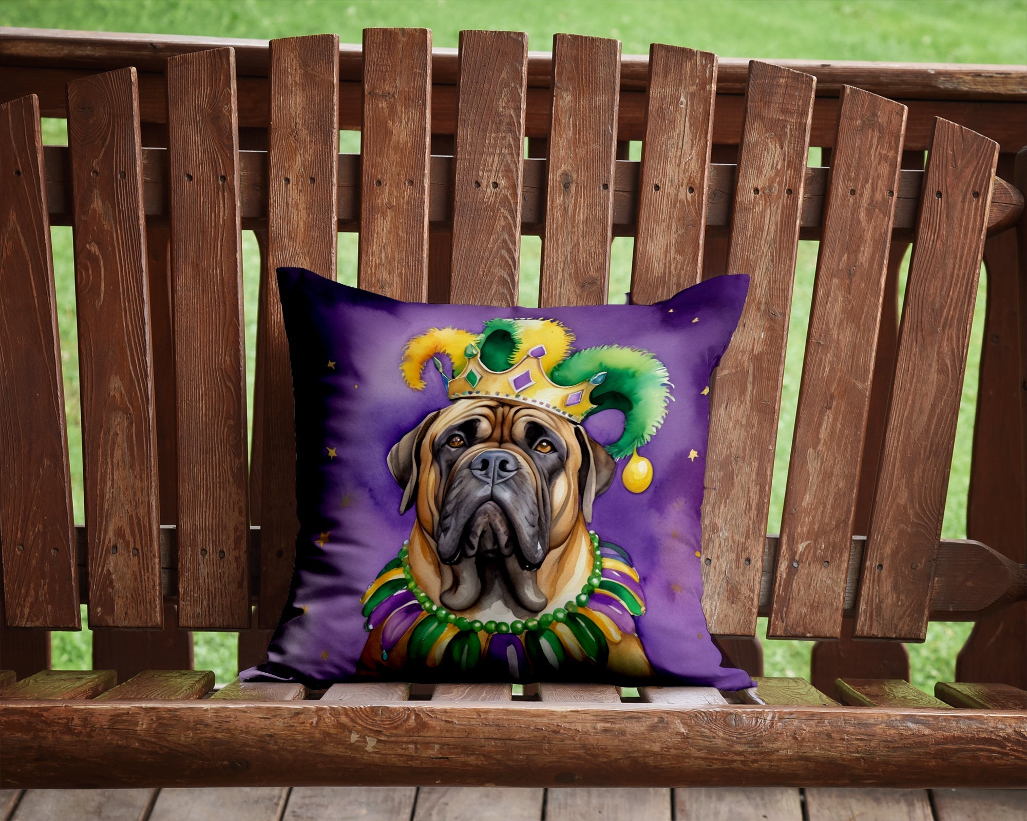 Mastiff King of Mardi Gras Decorative Throw Pillow 14x14 Indoor Outdoor Accent Cushion, Fabric Cover with Insert for Sofa, Bed, Porch & Living Room