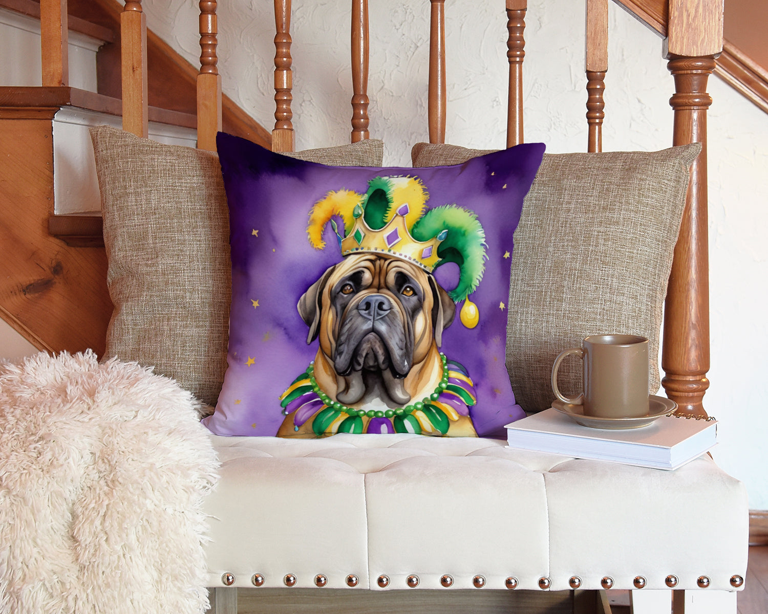 Mastiff King of Mardi Gras Decorative Throw Pillow 14x14 Indoor Outdoor Accent Cushion, Fabric Cover with Insert for Sofa, Bed, Porch & Living Room