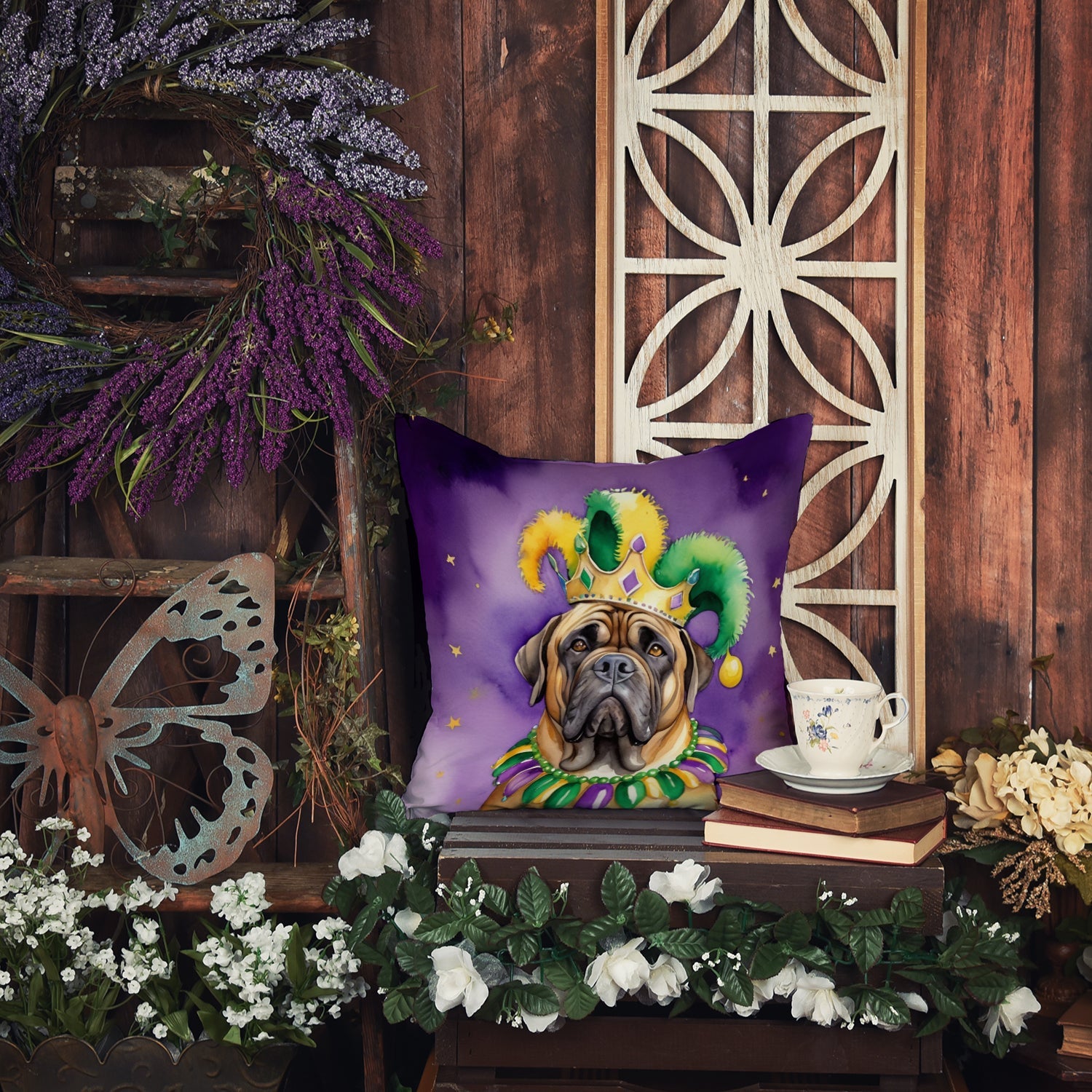 Mastiff King of Mardi Gras Decorative Throw Pillow 14x14 Indoor Outdoor Accent Cushion, Fabric Cover with Insert for Sofa, Bed, Porch & Living Room