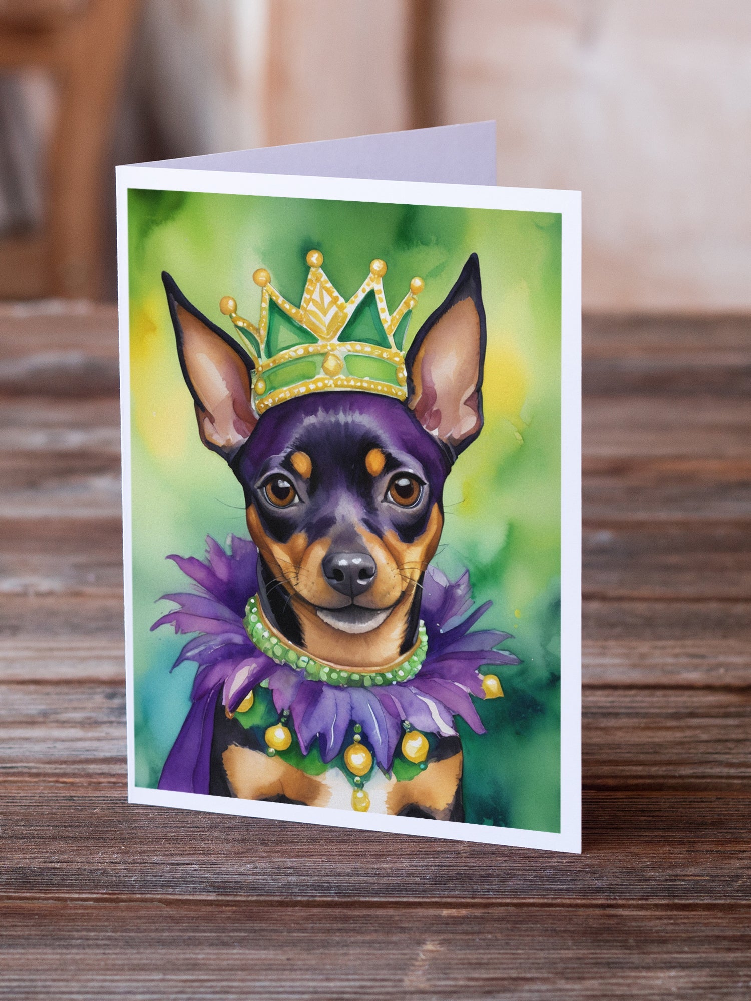 Miniature Pinscher King of Mardi Gras Greeting Cards Pack of 8 Blank Cards with Envelopes Whimsical A7 Size 5x7