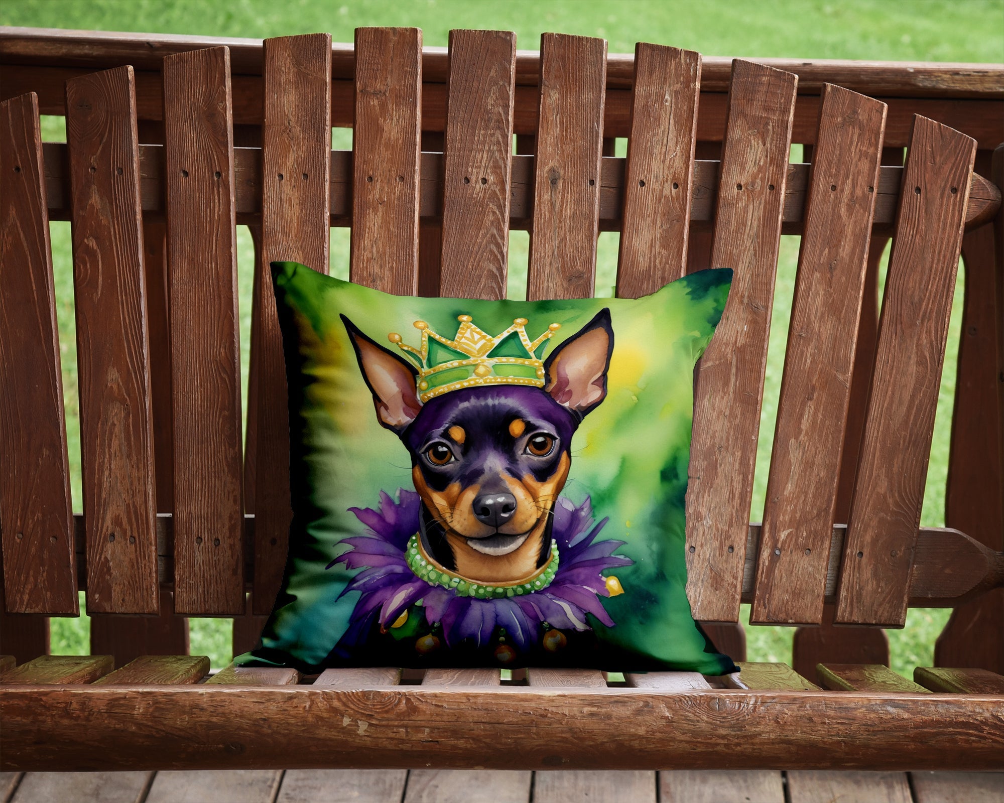 Miniature Pinscher King of Mardi Gras Decorative Throw Pillow 14x14 Indoor Outdoor Accent Cushion, Fabric Cover with Insert for Sofa, Bed, Porch & Living Room