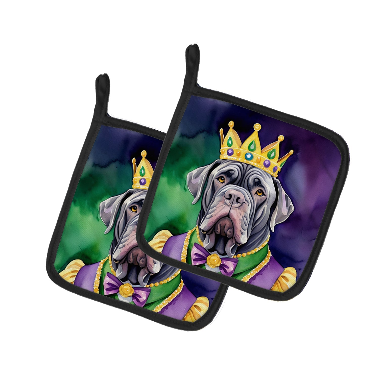 Neapolitan Mastiff King of Mardi Gras Pot Holder Set of 2 Heat Resistant Quilted Hot Pads 7.5 x 7.5 Inch, Insulated Kitchen Trivets for Cooking & Baking