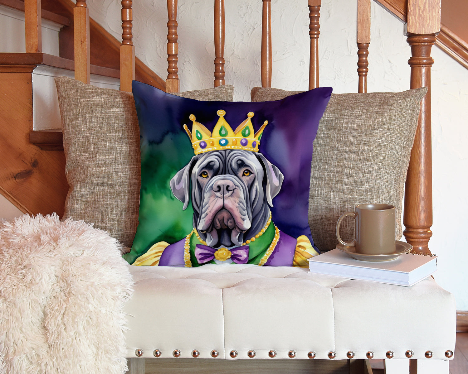 Neapolitan Mastiff King of Mardi Gras Decorative Throw Pillow 14x14 Indoor Outdoor Accent Cushion, Fabric Cover with Insert for Sofa, Bed, Porch & Living Room