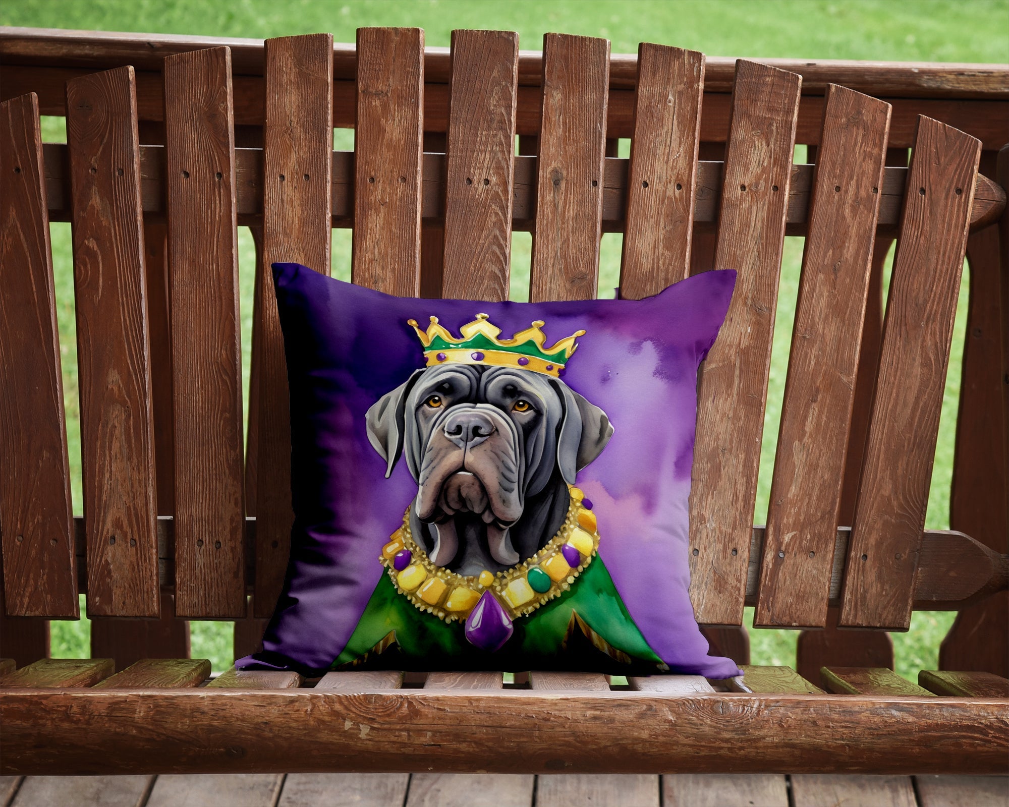 Neapolitan Mastiff King of Mardi Gras Decorative Throw Pillow 14x14 Indoor Outdoor Accent Cushion, Fabric Cover with Insert for Sofa, Bed, Porch & Living Room