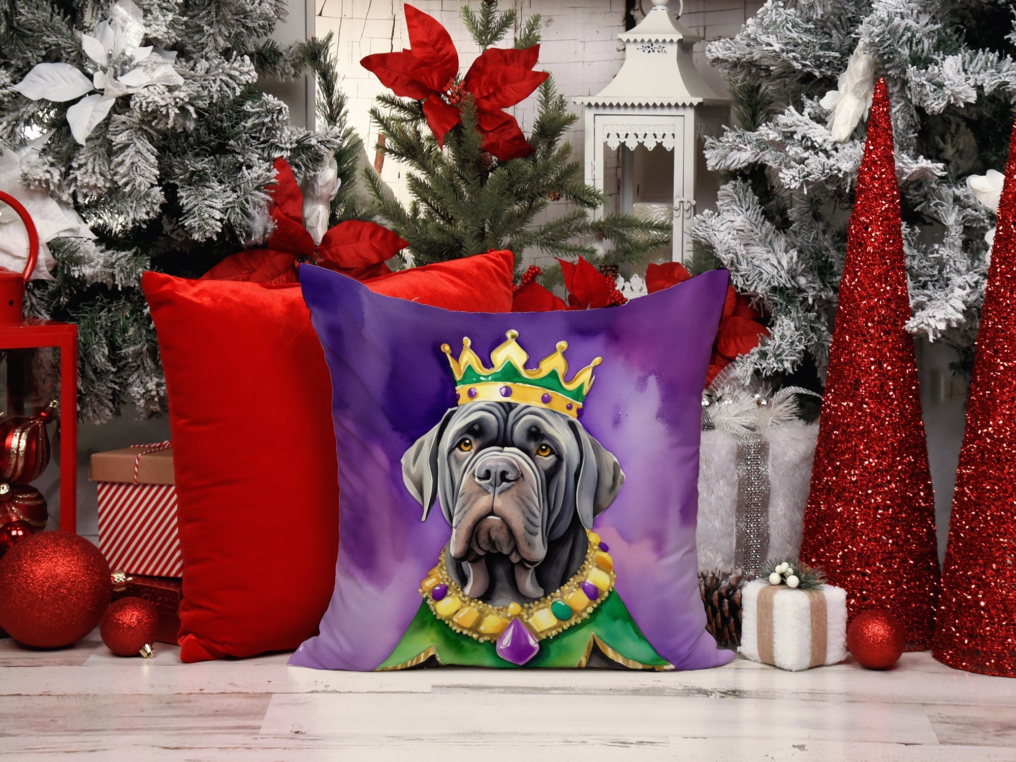Neapolitan Mastiff King of Mardi Gras Decorative Throw Pillow 14x14 Indoor Outdoor Accent Cushion, Fabric Cover with Insert for Sofa, Bed, Porch & Living Room