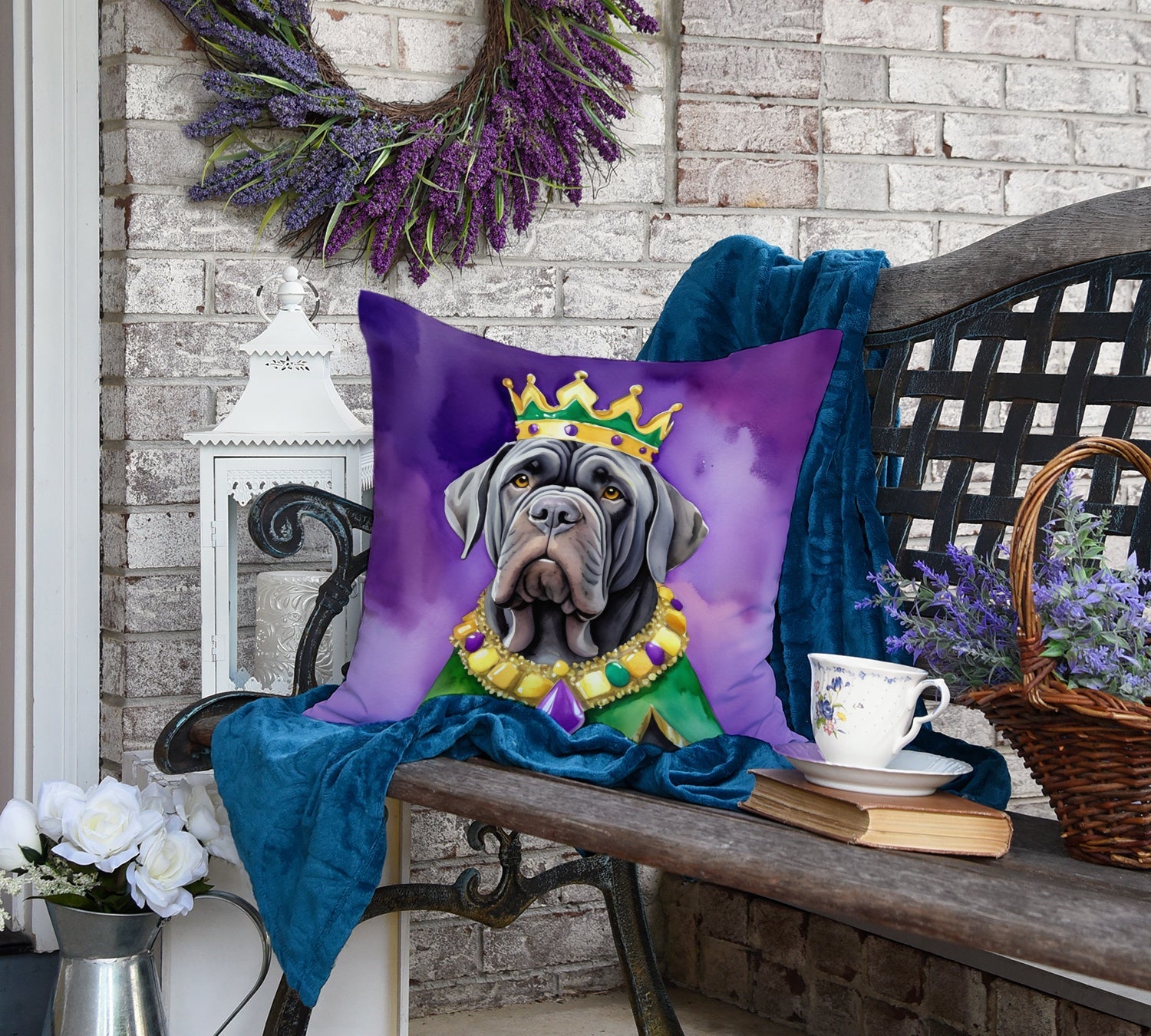 Neapolitan Mastiff King of Mardi Gras Decorative Throw Pillow 18x18 Indoor Outdoor Accent Cushion, Fabric Cover with Insert for Sofa, Bed, Porch & Living Room