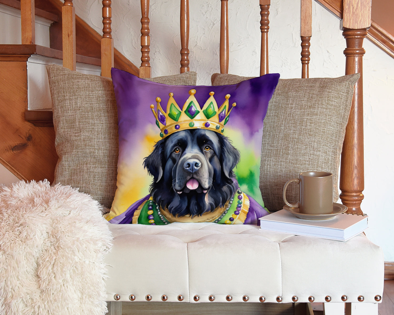 Newfoundland King of Mardi Gras Decorative Throw Pillow 14x14 Indoor Outdoor Accent Cushion, Fabric Cover with Insert for Sofa, Bed, Porch & Living Room