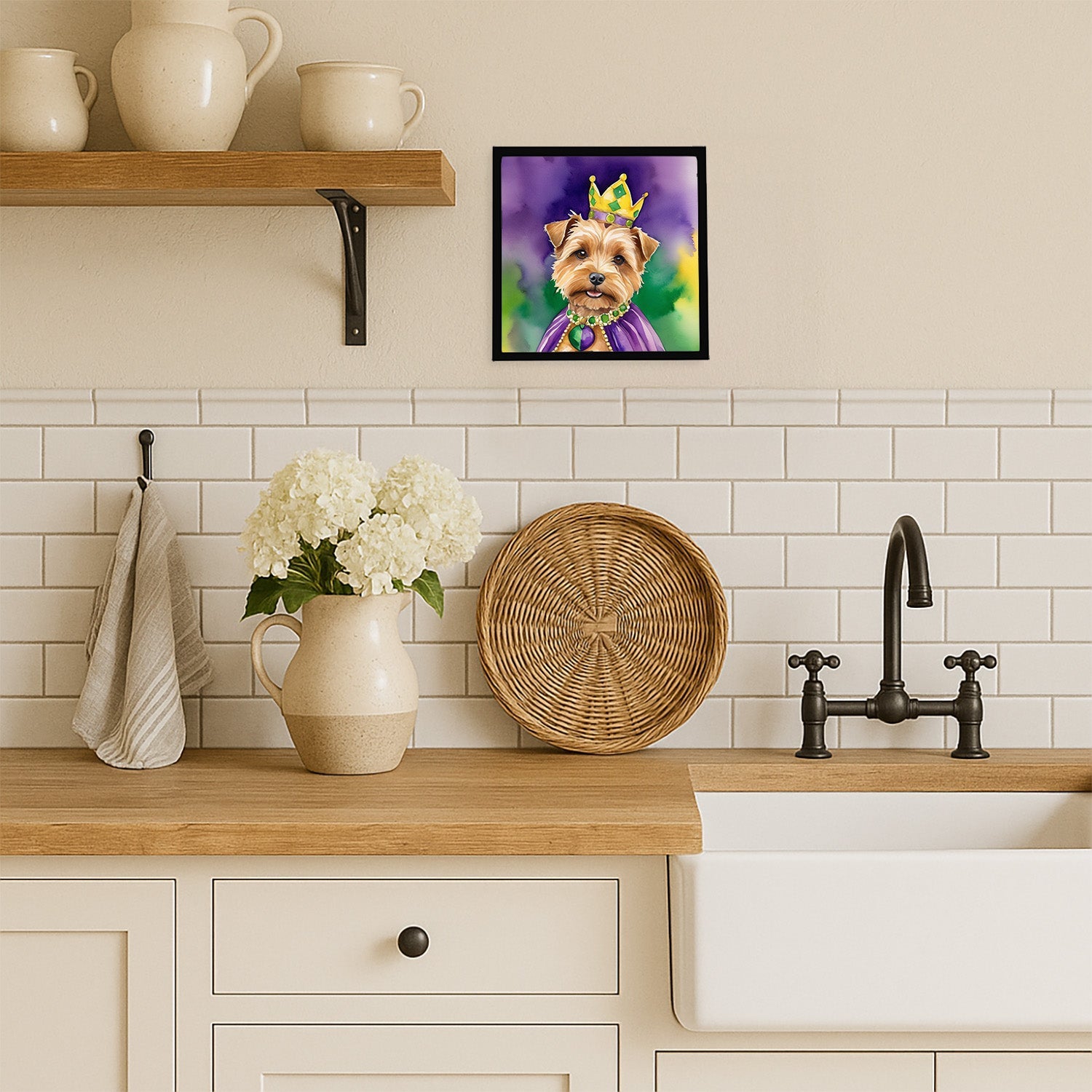 Norfolk Terrier King of Mardi Gras Framed Metal Print Bathroom, Kitchen, Office, Home Decor Wall Art Ready to Hang, Square, 8X8