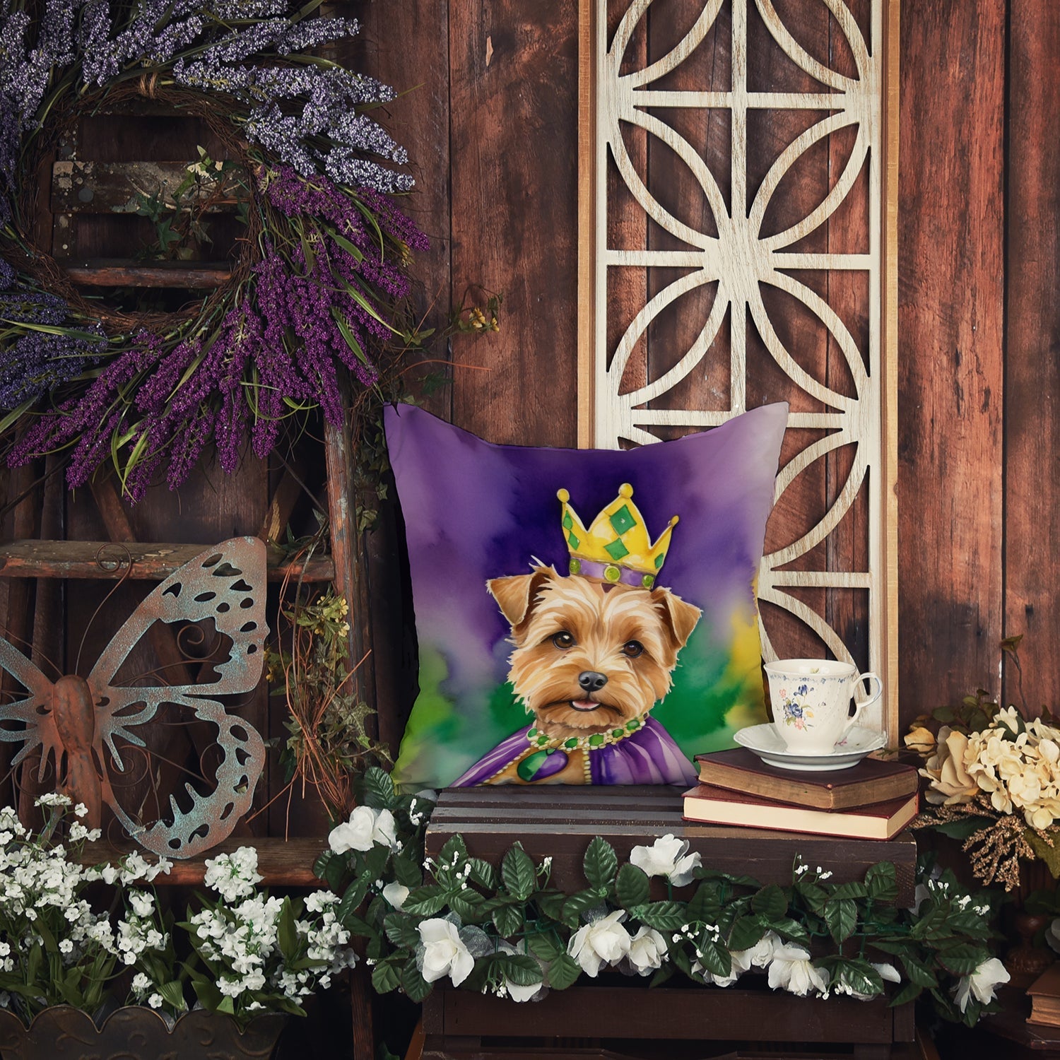 Norfolk Terrier King of Mardi Gras Decorative Throw Pillow 14x14 Indoor Outdoor Accent Cushion, Fabric Cover with Insert for Sofa, Bed, Porch & Living Room