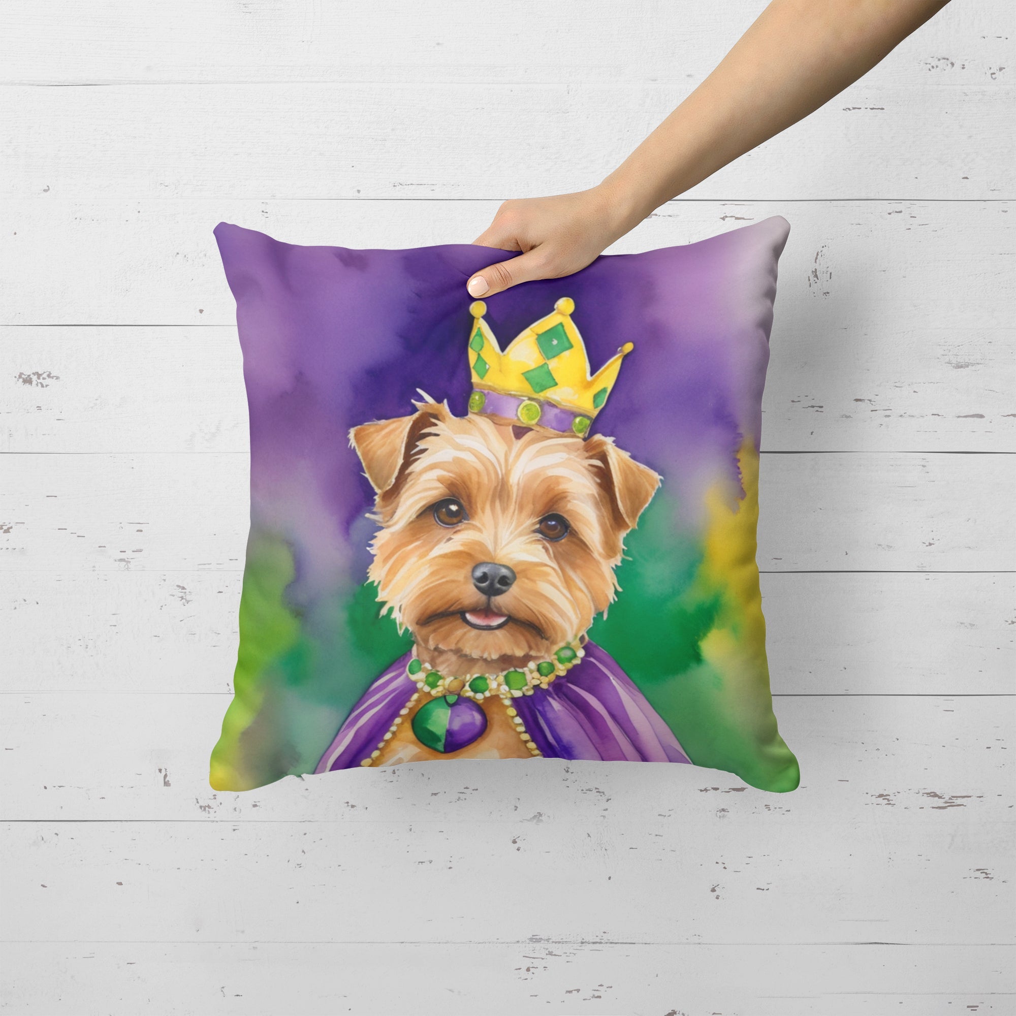 Norfolk Terrier King of Mardi Gras Decorative Throw Pillow 18x18 Indoor Outdoor Accent Cushion, Fabric Cover with Insert for Sofa, Bed, Porch & Living Room